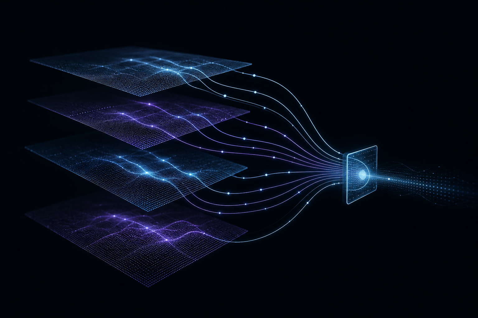 Abstract dark illustration of four stacked translucent layers linked by glowing signal lines converging on a single gate-shaped node, representing research, personalization, sequencing, and handoff in an AI SDR workflow.