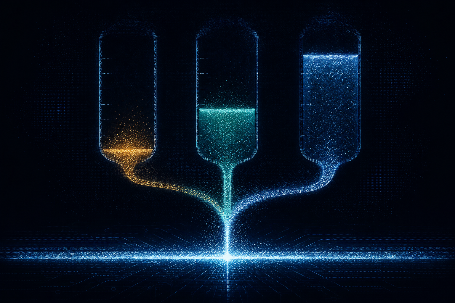 Abstract dark illustration of three glowing usage meters converging into one bright ledger line, representing GEO tool pricing models
