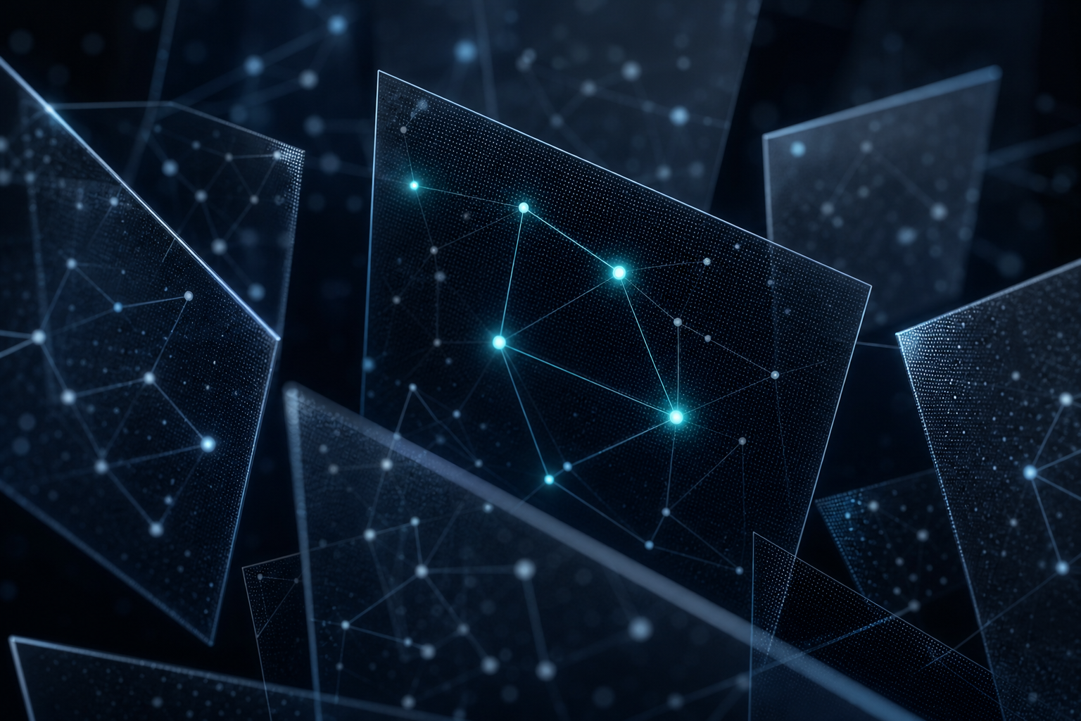 Abstract dark visualization of layered glass panels with connected nodes, a few glowing teal to suggest tracked brand mentions across AI answers
