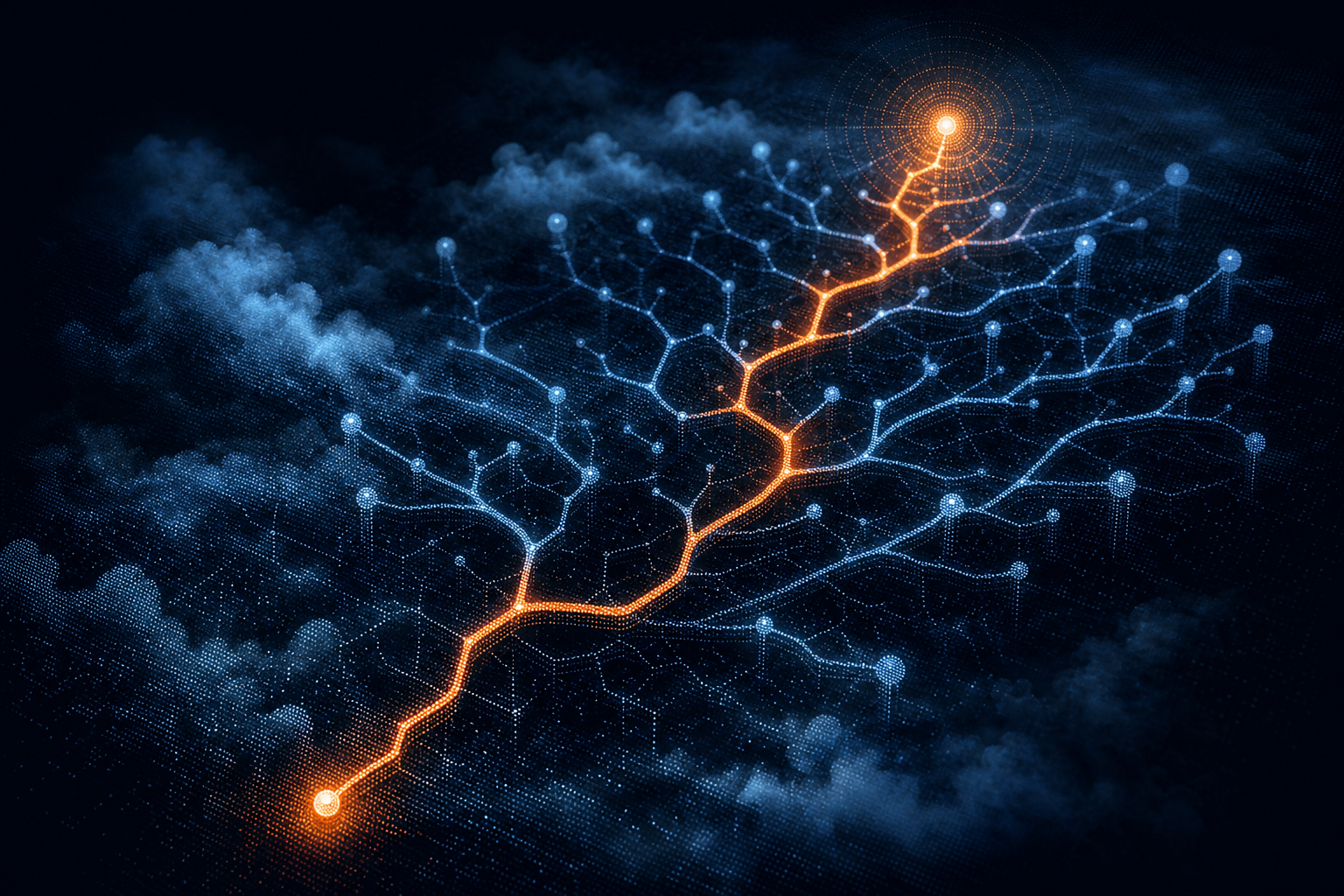 Abstract dark branching decision tree with one glowing path leading to a bright node, representing a diagnostic flow for AI search invisibility