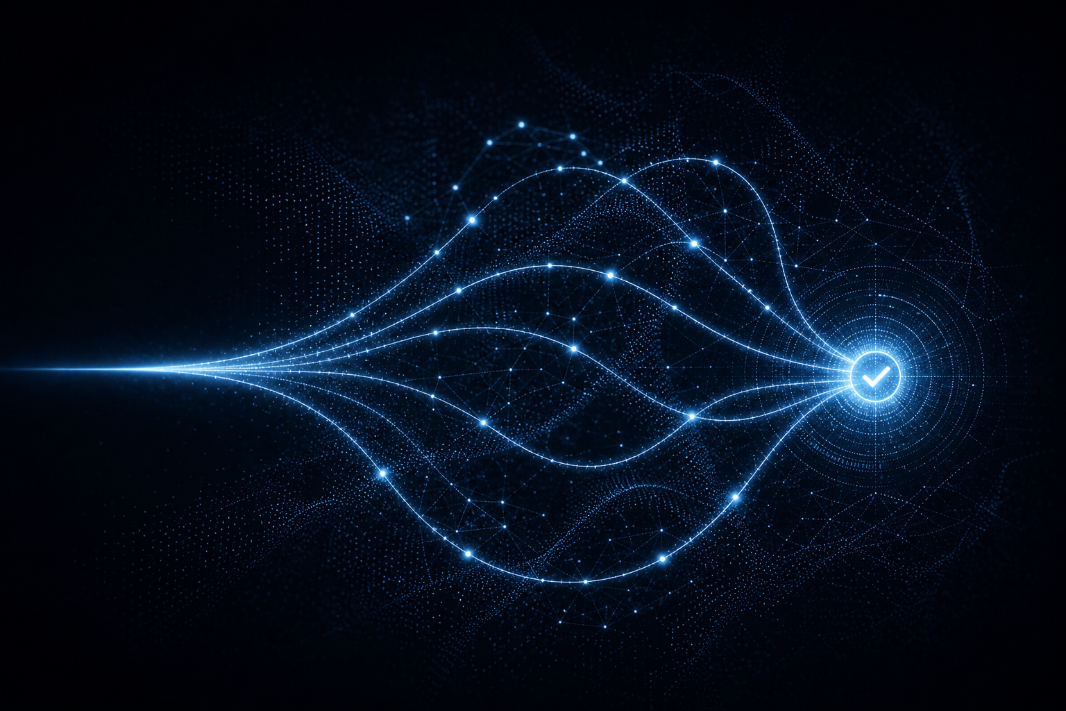 Abstract visualization of one light beam branching into multiple looping search paths that converge on a single glowing node, representing agentic RAG's multi-step retrieval and verification