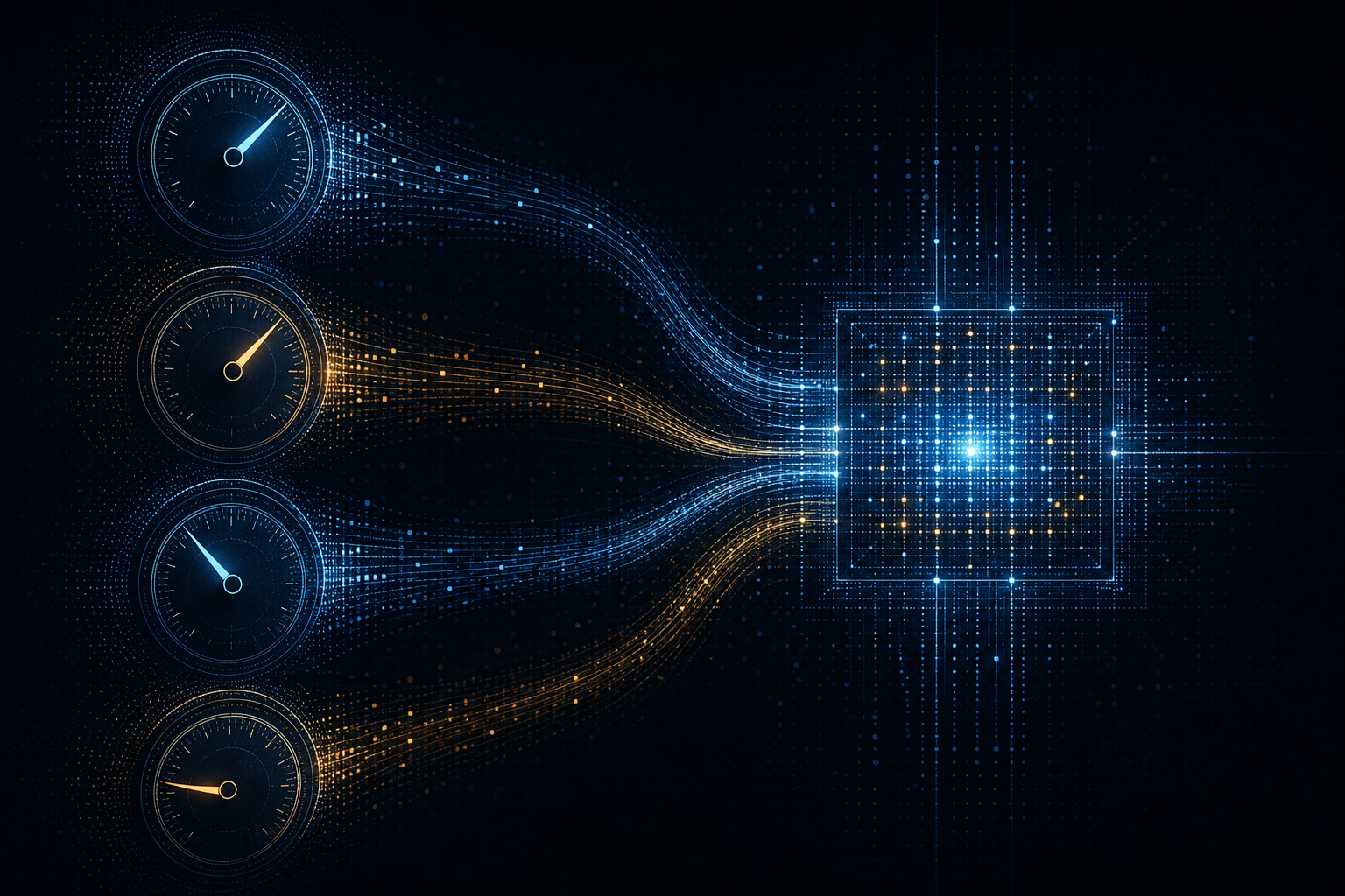 Abstract dark illustration of four glowing gauges feeding into a unified scorecard grid, representing the evaluation criteria for AI SDR platforms