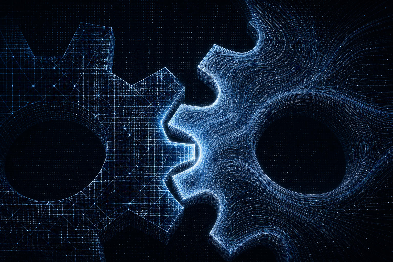 Abstract dark illustration of a rigid grid lattice meshing with a flowing luminous network, representing SEO tooling converging with generative engine optimization tools