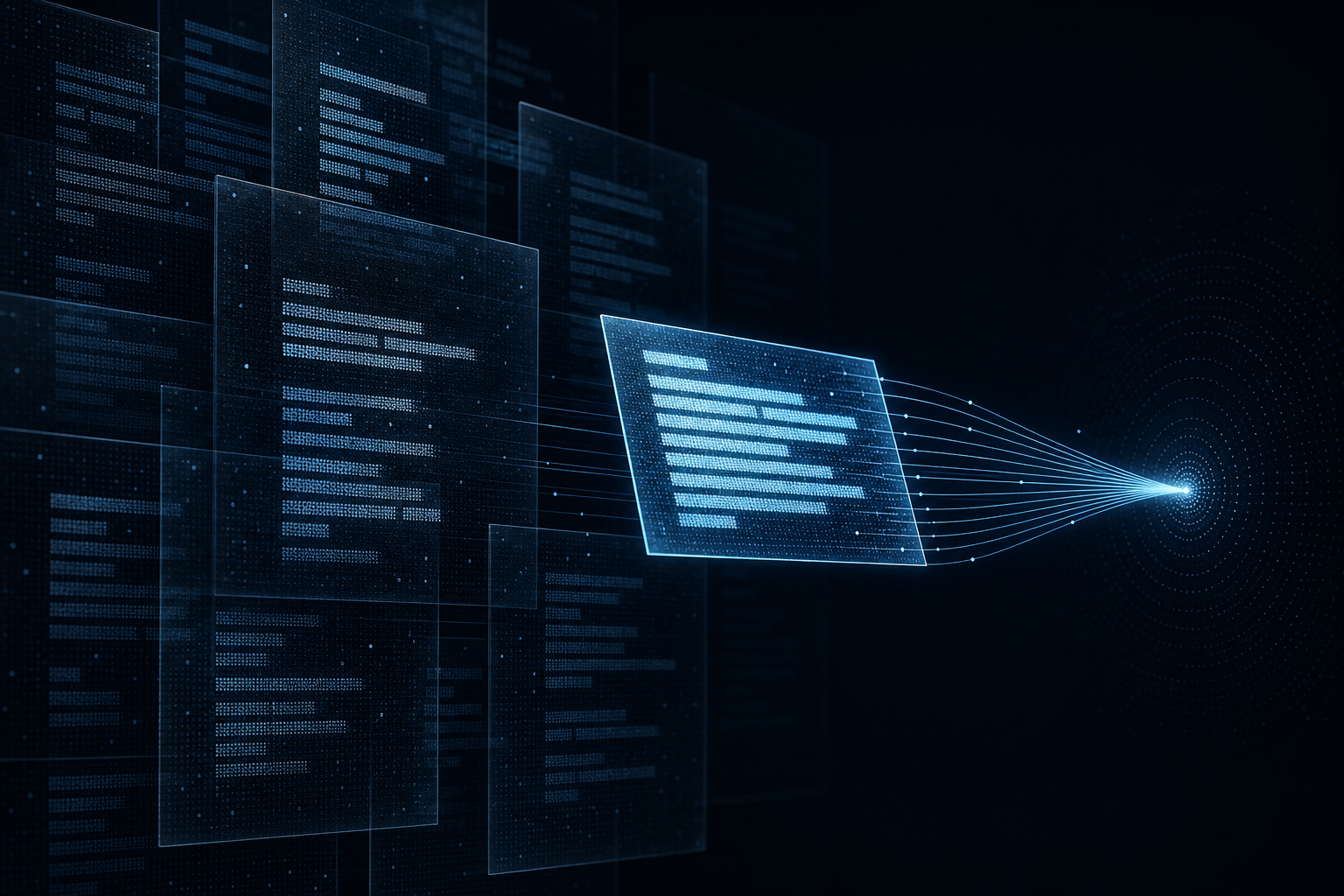 Dark abstract illustration of layered glass panels containing fragmented text blocks, with one highlighted passage lifting out and connecting by glowing cyan lines to a central node, suggesting an AI assistant selecting a citation.