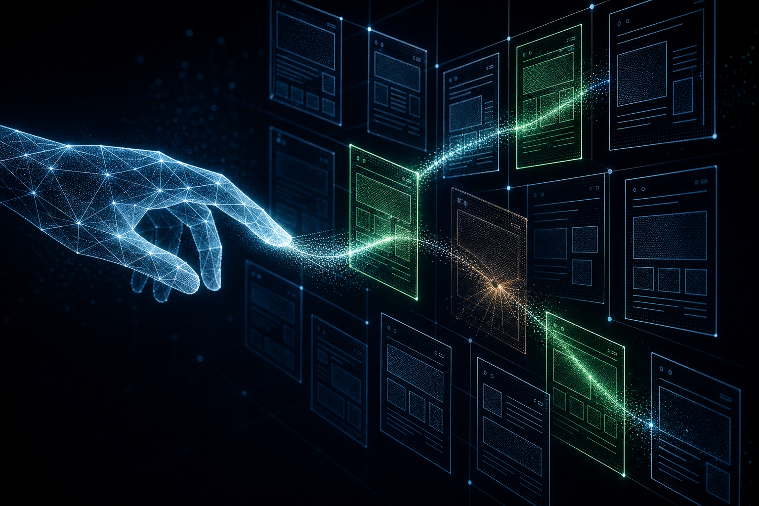 Abstract illustration of a beam of light navigating glowing website wireframe panels, representing an AI agent moving through forms and navigation