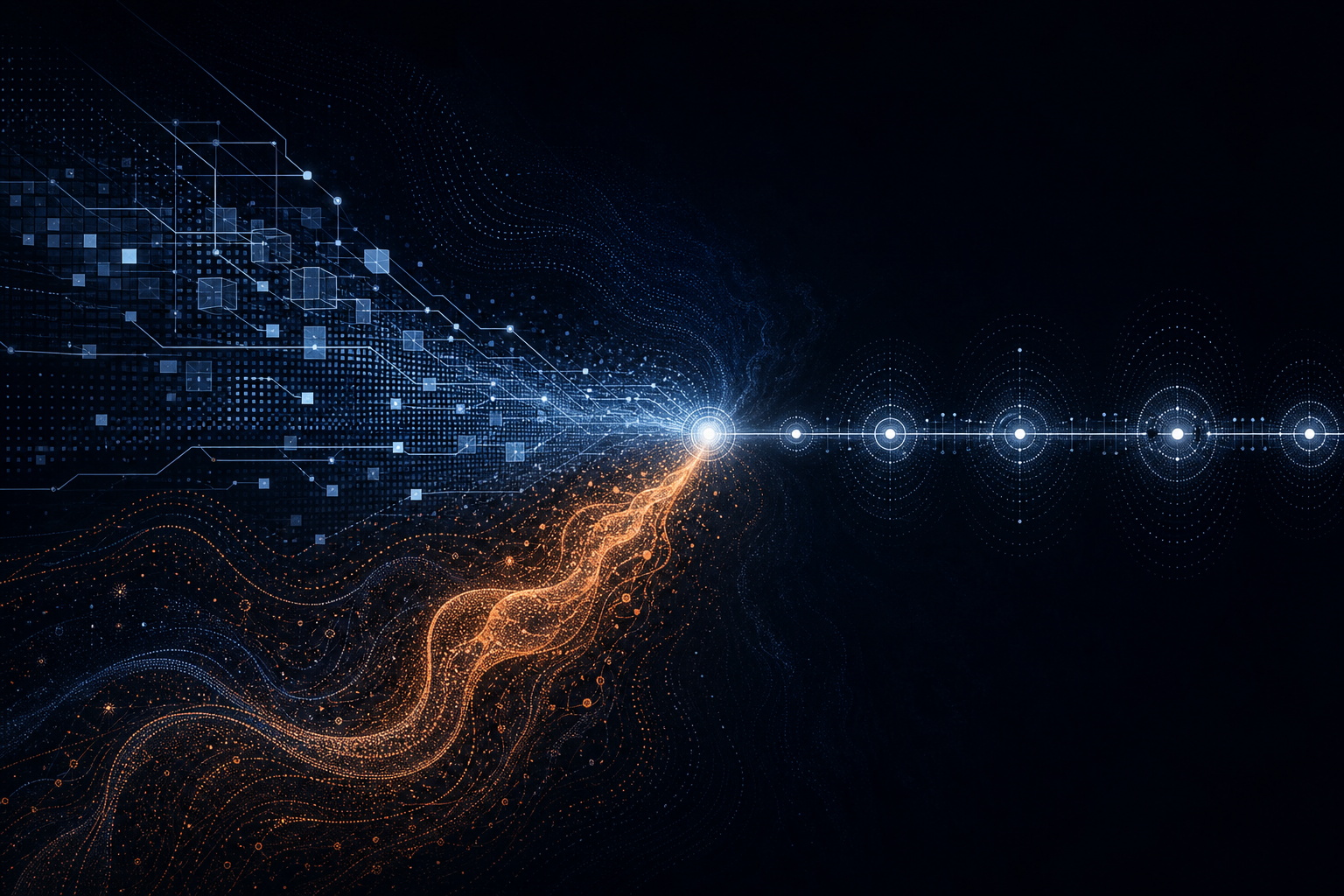 Two glowing data streams, one structured and one organic, meeting at a bright handoff point along an abstract pipeline of nodes on a dark background