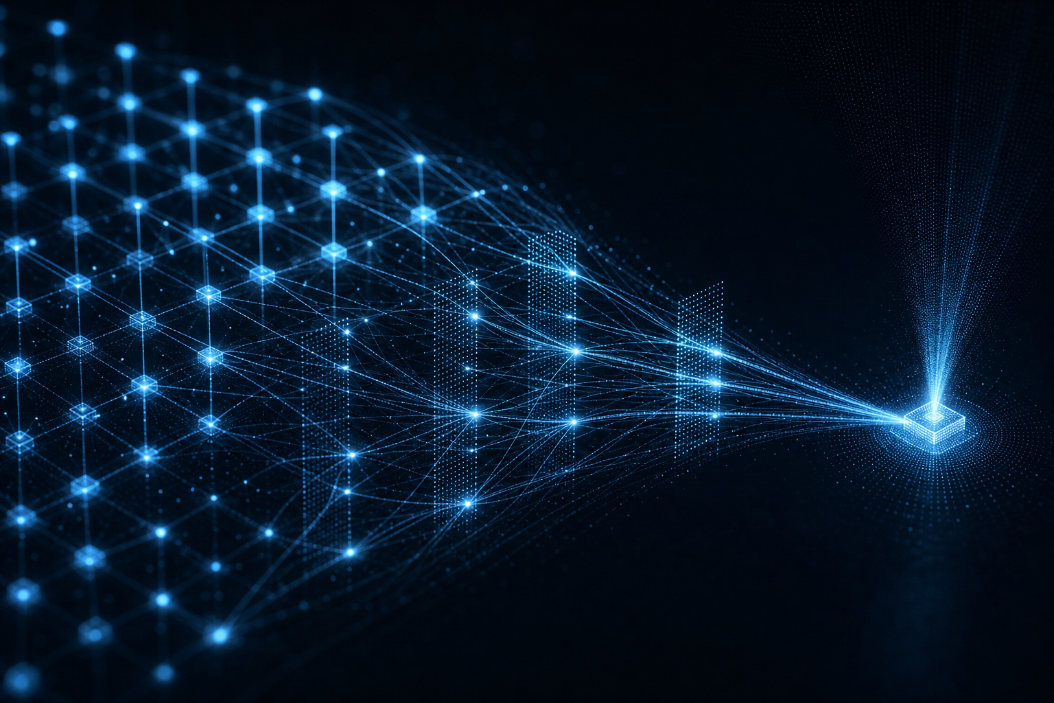 Abstract dark visualization of a grid of glowing product nodes connected by light paths that filter and converge on one bright node, suggesting an AI agent comparing options and completing a purchase.