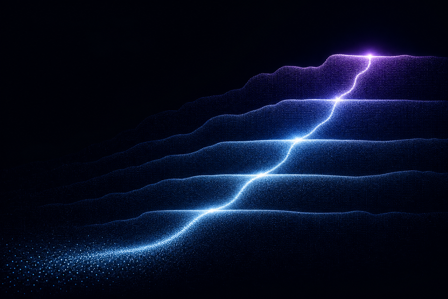 Abstract dark visualization of glowing horizontal benchmark bands with a bright line crossing upward through successive thresholds