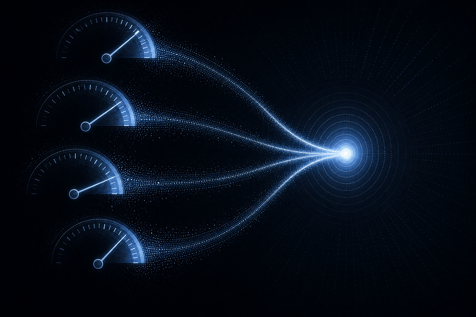 Four luminous gauge arcs on a dark background converging into a single bright point, representing weighted evaluation criteria leading to a platform decision