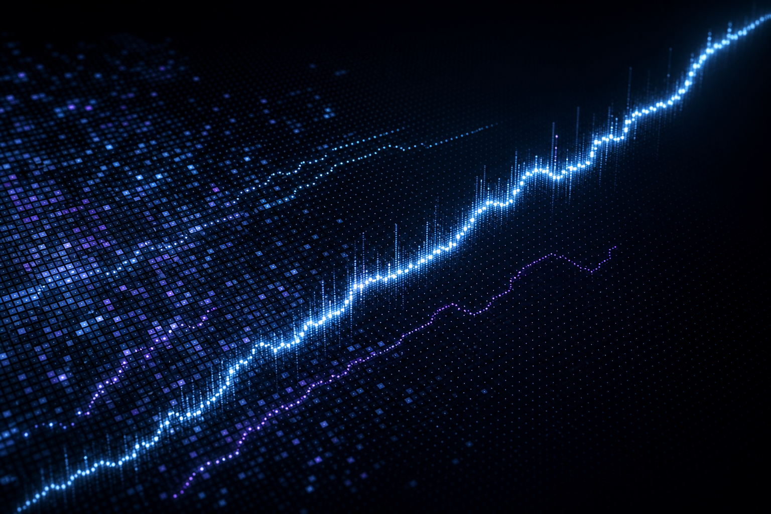 Dark abstract grid of glowing data cells converging into a single rising line of light, suggesting counted AI answer mentions resolving into one visibility metric