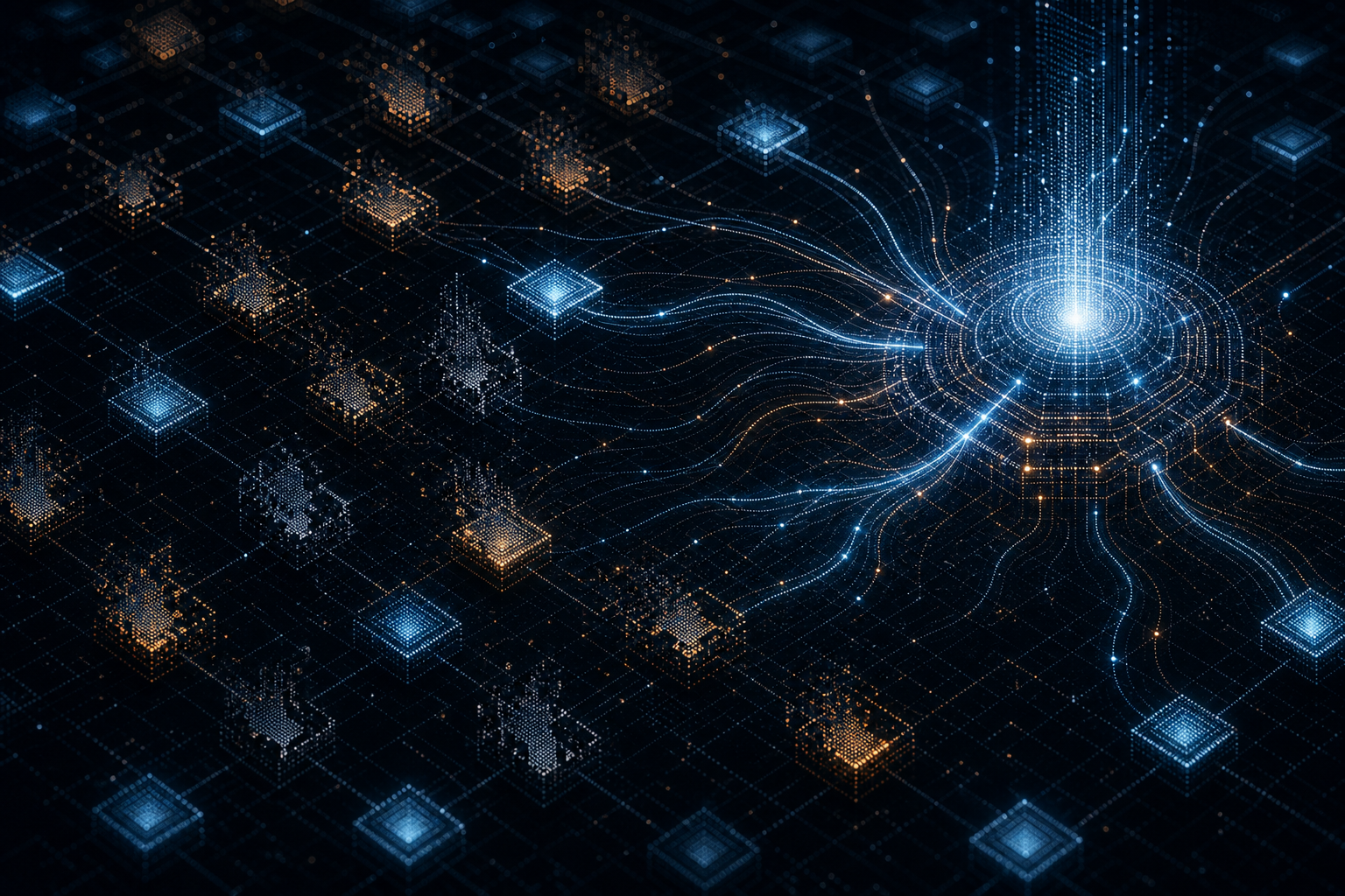 Abstract visualization of decaying data records in a dark grid being refreshed by streams of light from an autonomous intelligence core