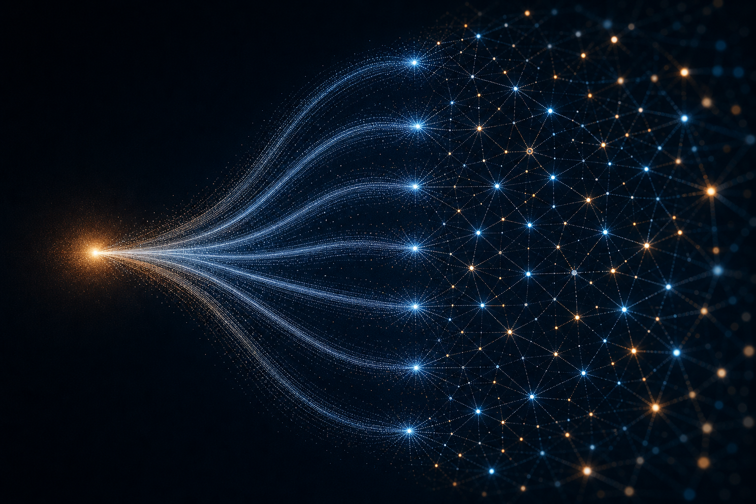 Abstract visualization of glowing data streams branching from one origin into seven connected pathways across a dark network lattice, representing AI agents turning one objective into multiple business intelligence outputs