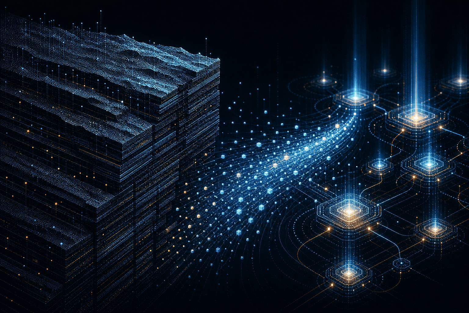 Abstract visualization contrasting a heavy layered data warehouse structure with a bright stream of verified records flowing into connected operational systems