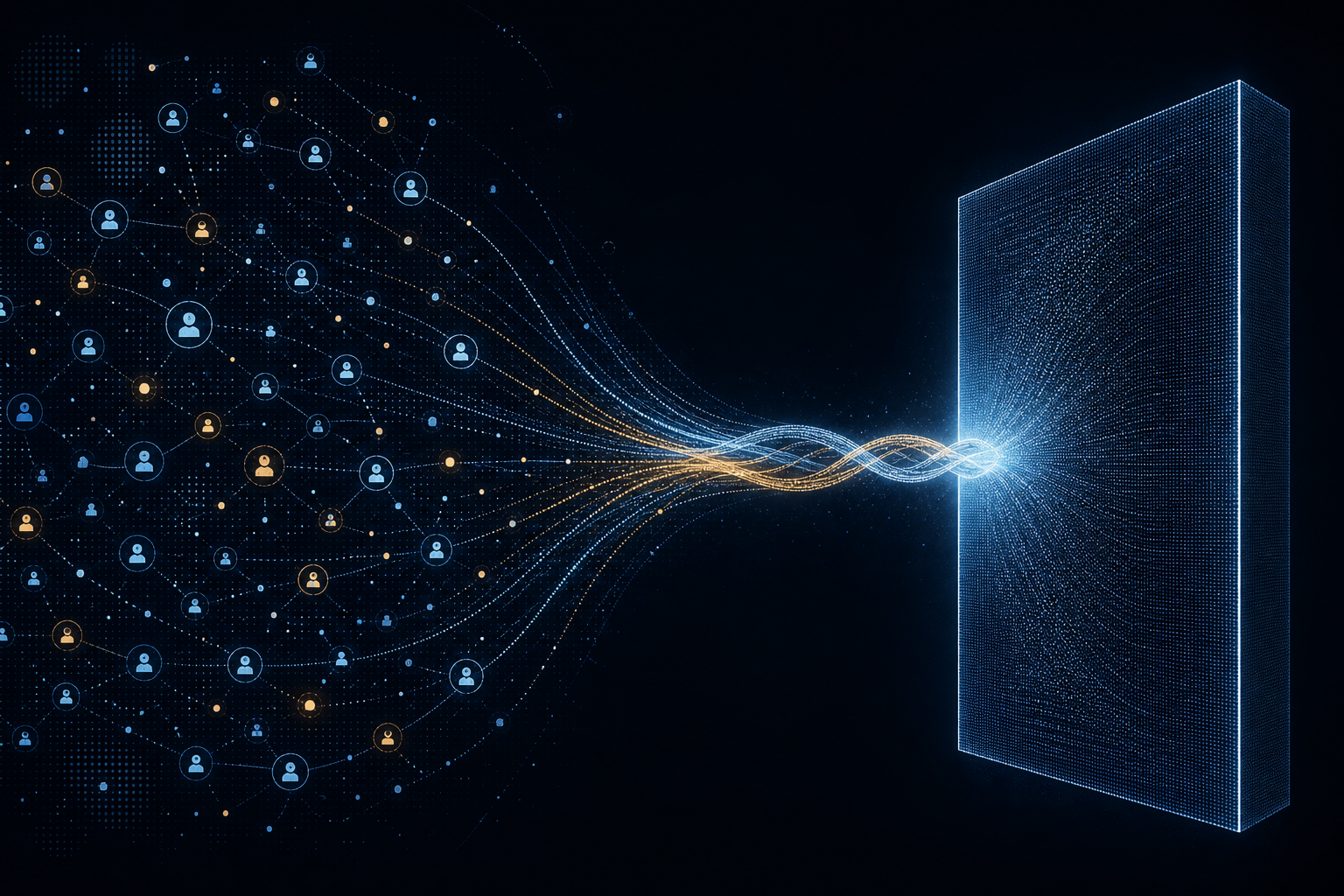 Abstract visualization of scattered social media data points diverging from a single concentrated AI answer stream on a dark background