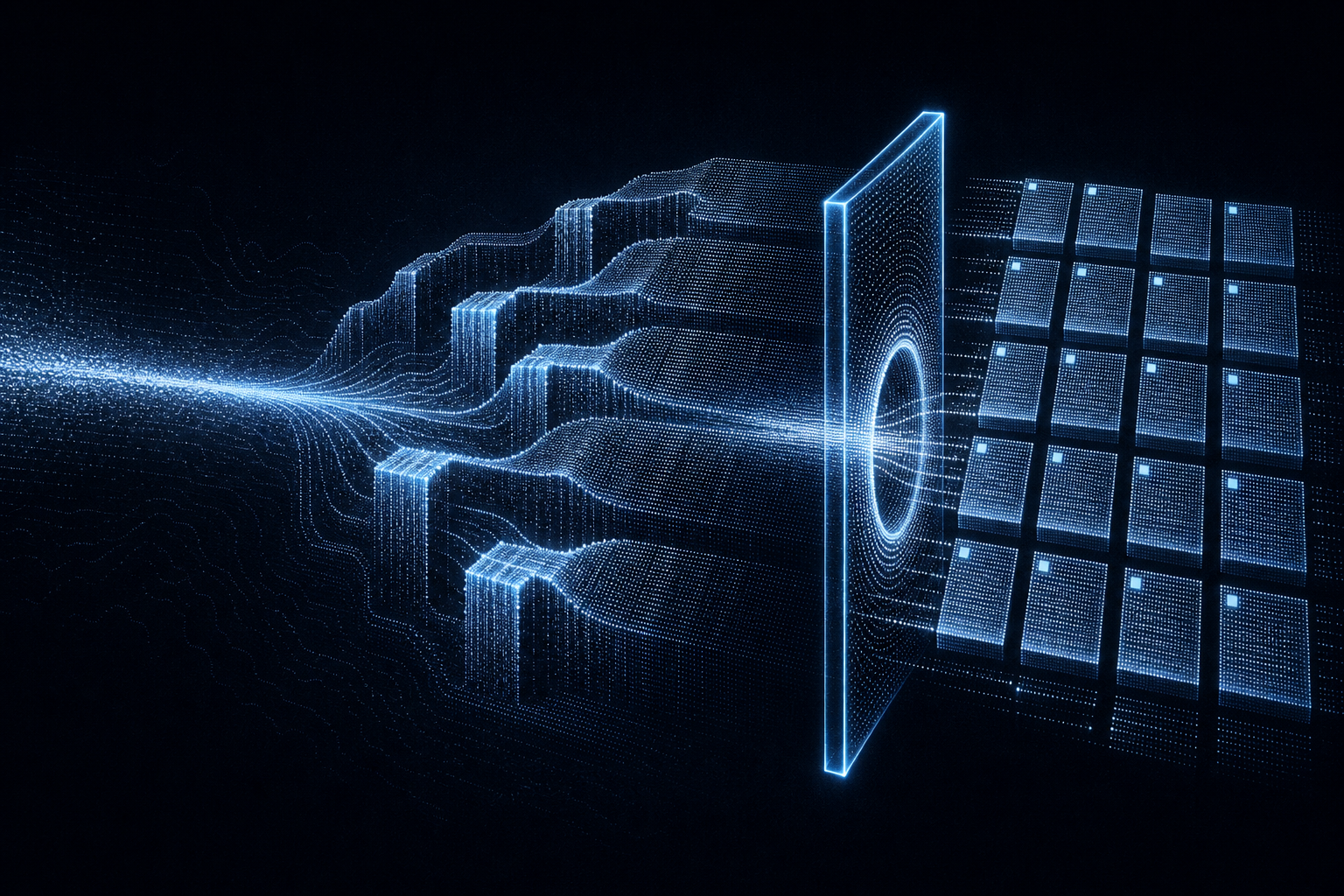 Abstract visualization of a data stream splitting into cascading enrichment layers and passing through a verification gate into structured records