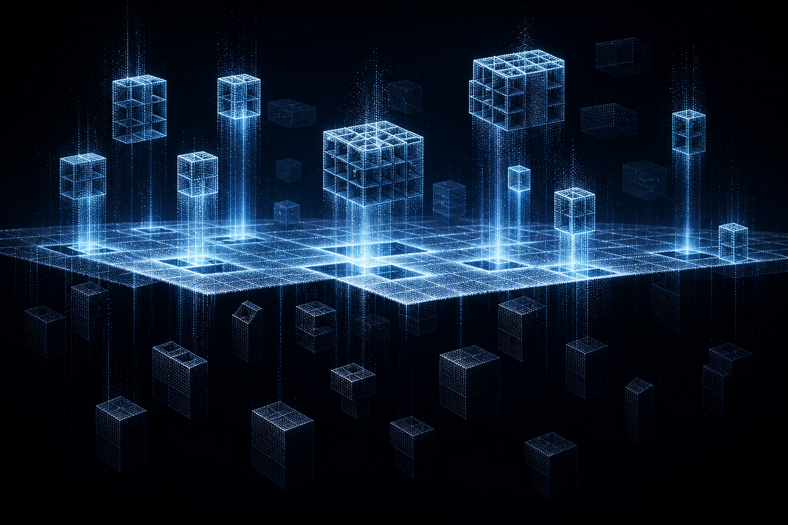Glowing structured data blocks rising into a luminous answer plane while dim unused blocks fall away against a dark background