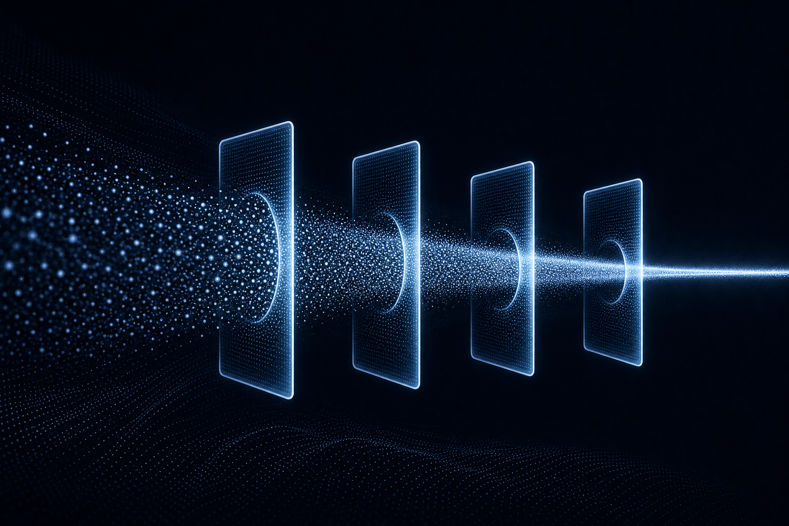 Abstract visualization of a particle stream passing through four glowing gates, representing the four stages of an AI prospecting funnel