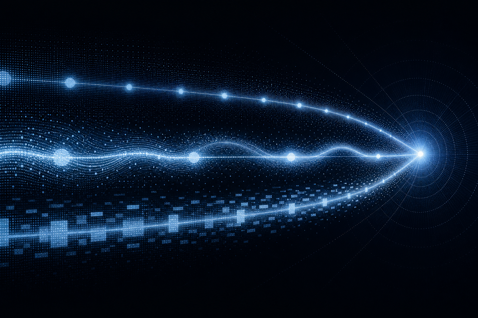 Abstract dark illustration of three glowing timeline bands moving at different speeds toward a single point of light, representing the phased GEO timeline
