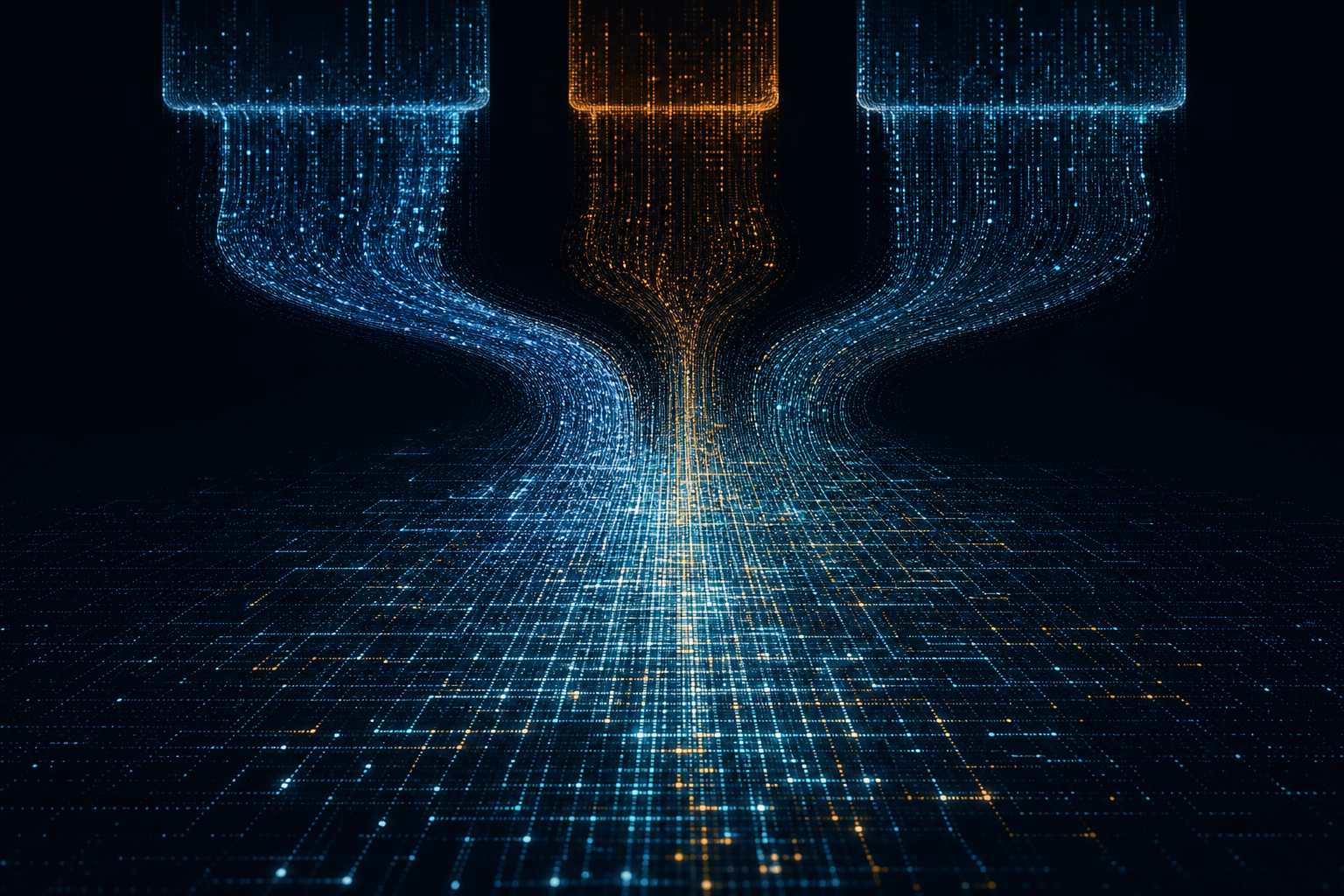 Abstract visualization of three data streams cascading and merging into a single dense grid, representing waterfall enrichment combining multiple sources