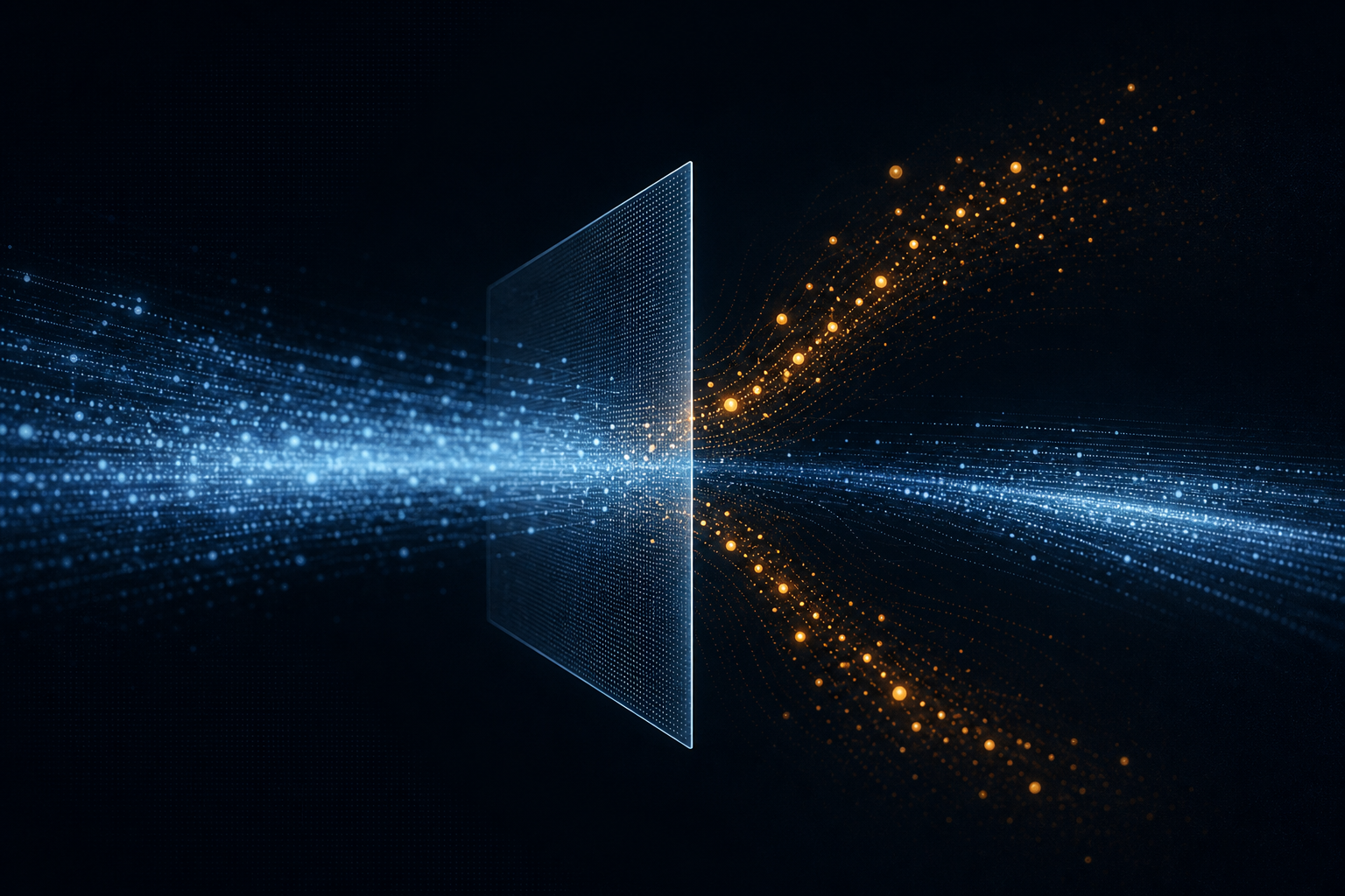 Abstract visualization of a data stream where a filter layer deflects certain glowing records away from the main flow, representing a suppression audience excluding contacts from ad campaigns