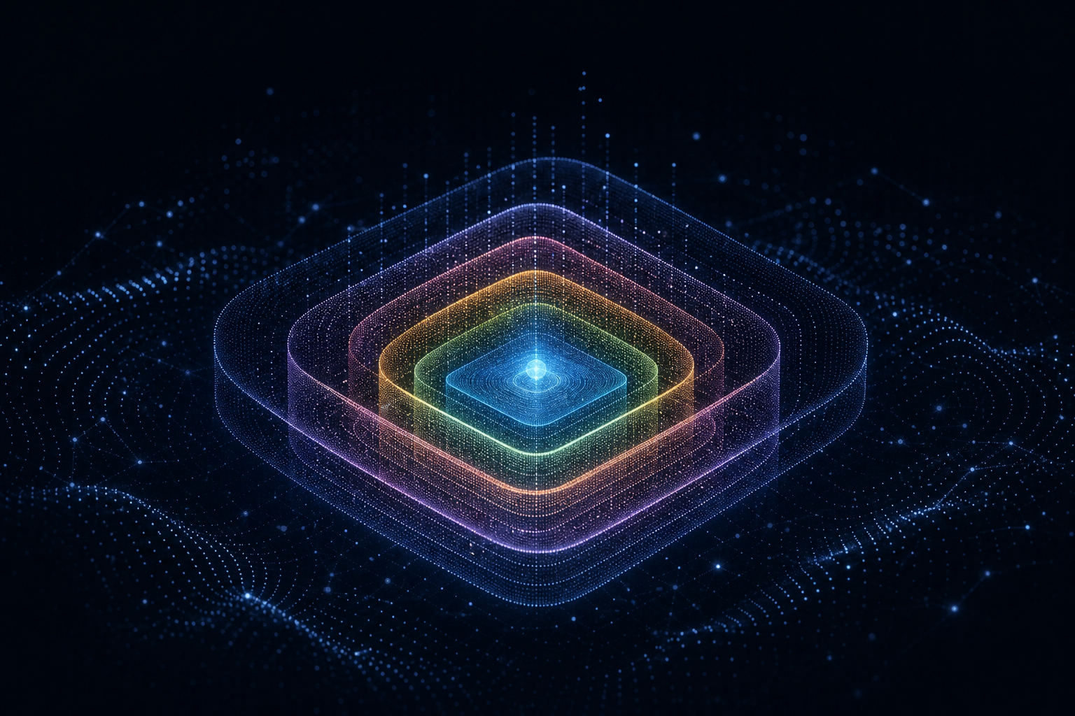 Abstract visualization of a single data point gaining layered rings of glowing context, representing data enrichment layers