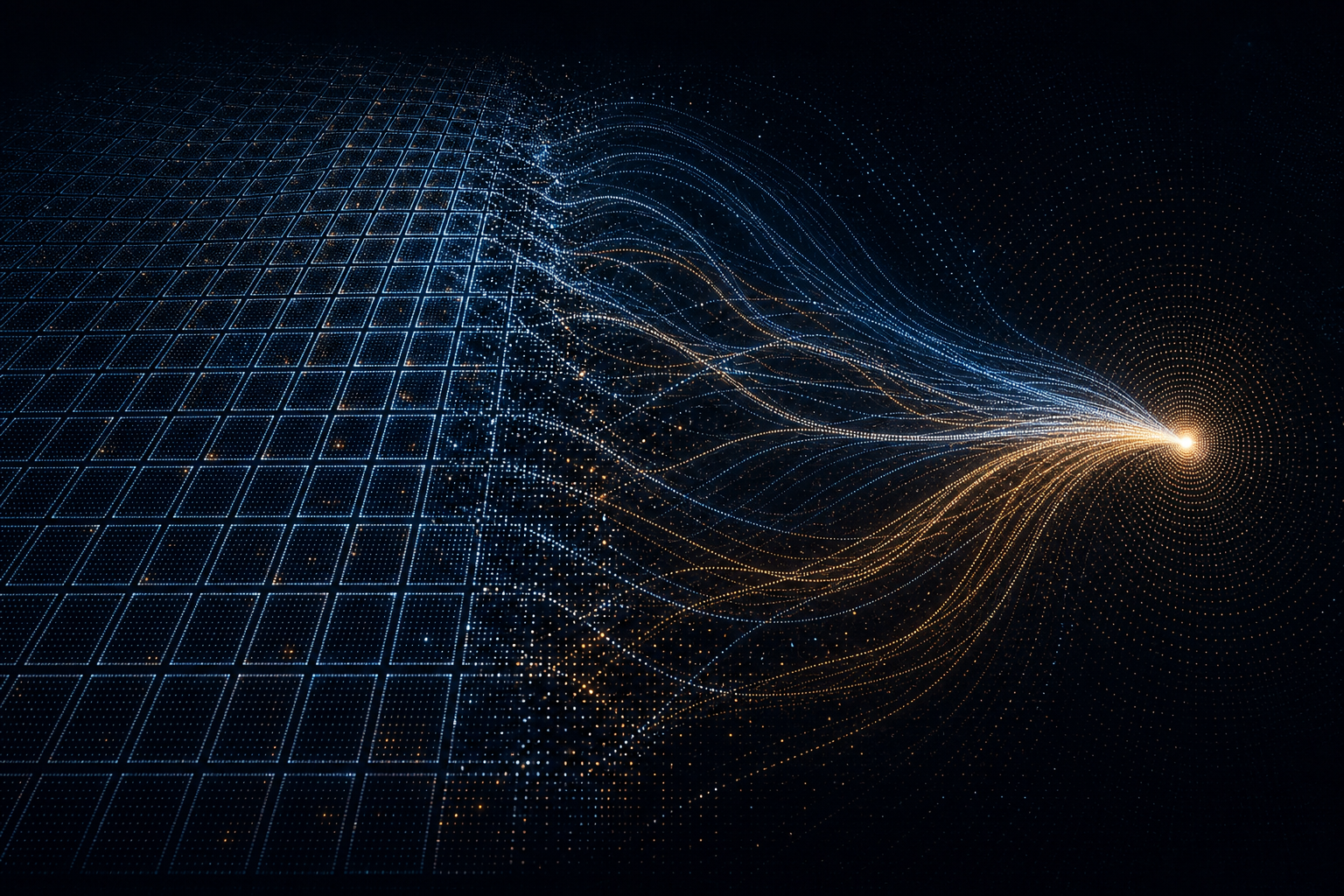 Abstract dark illustration of a spreadsheet-like grid dissolving into flowing data streams converging on a single glowing point, representing the shift from manual tables to agent-run enrichment