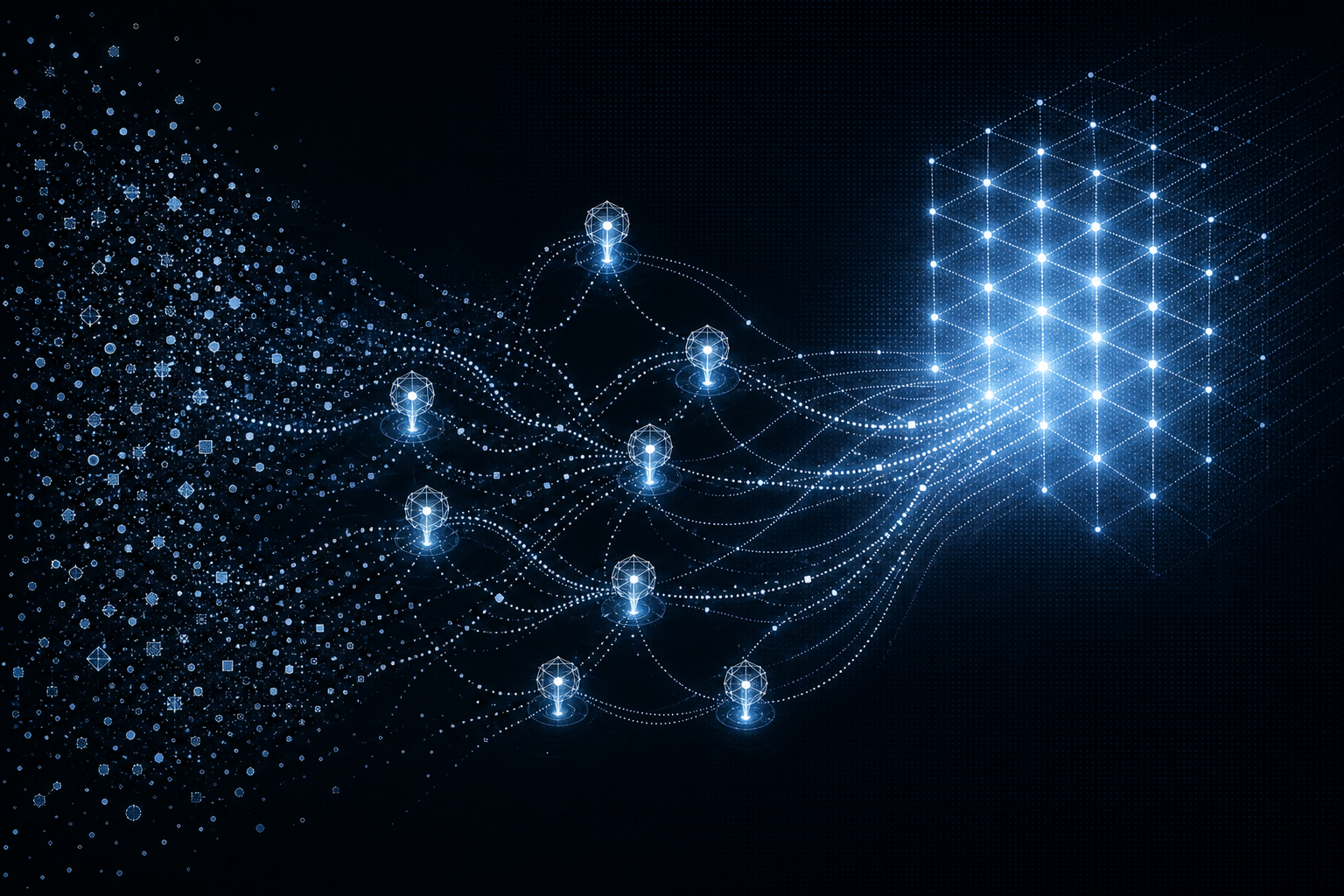 Abstract dark illustration of glowing autonomous nodes organizing scattered data points into a structured, flowing grid