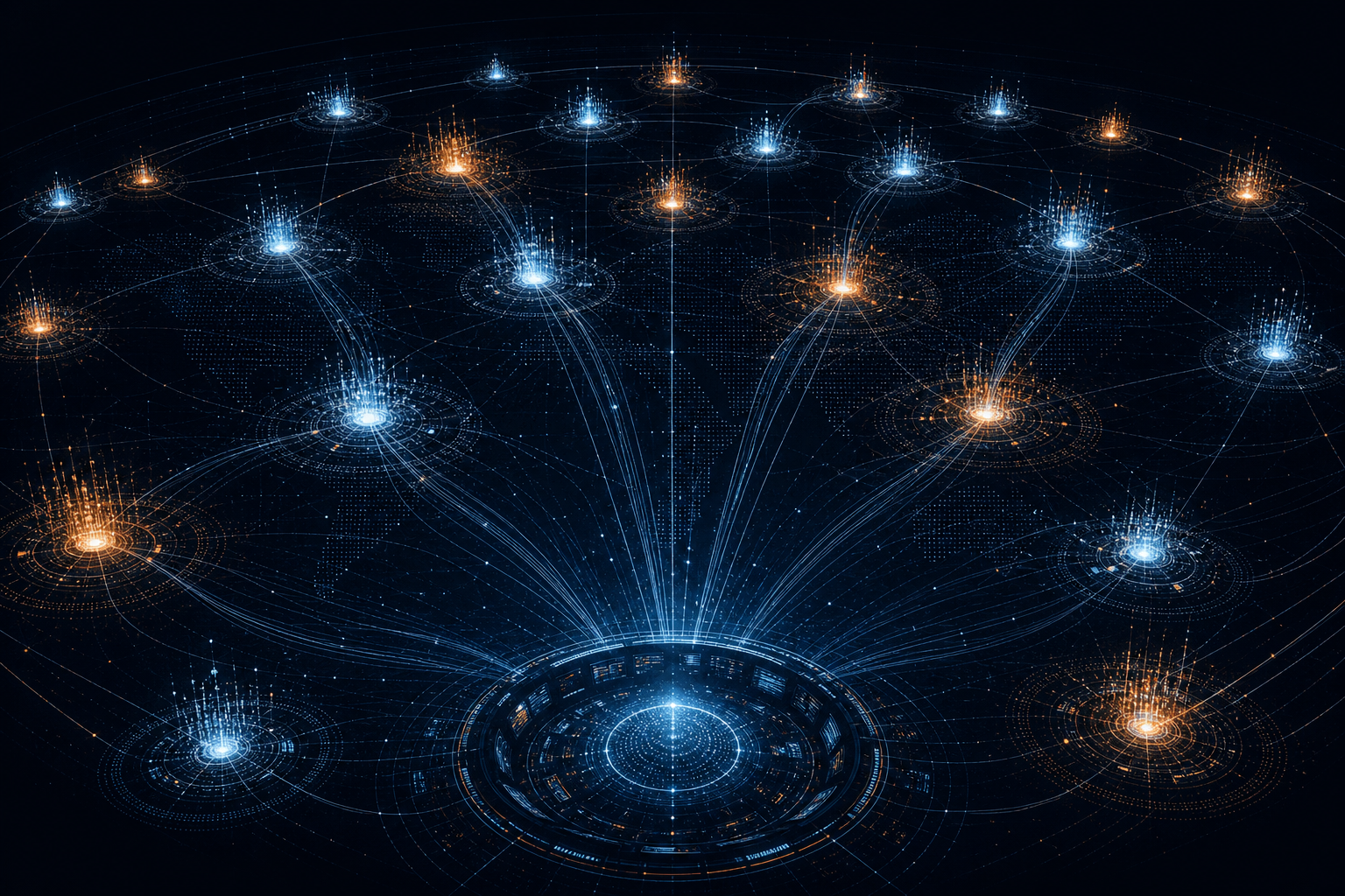 Abstract dark visualization of many glowing brand clusters connected by monitoring threads to one central agency control plane