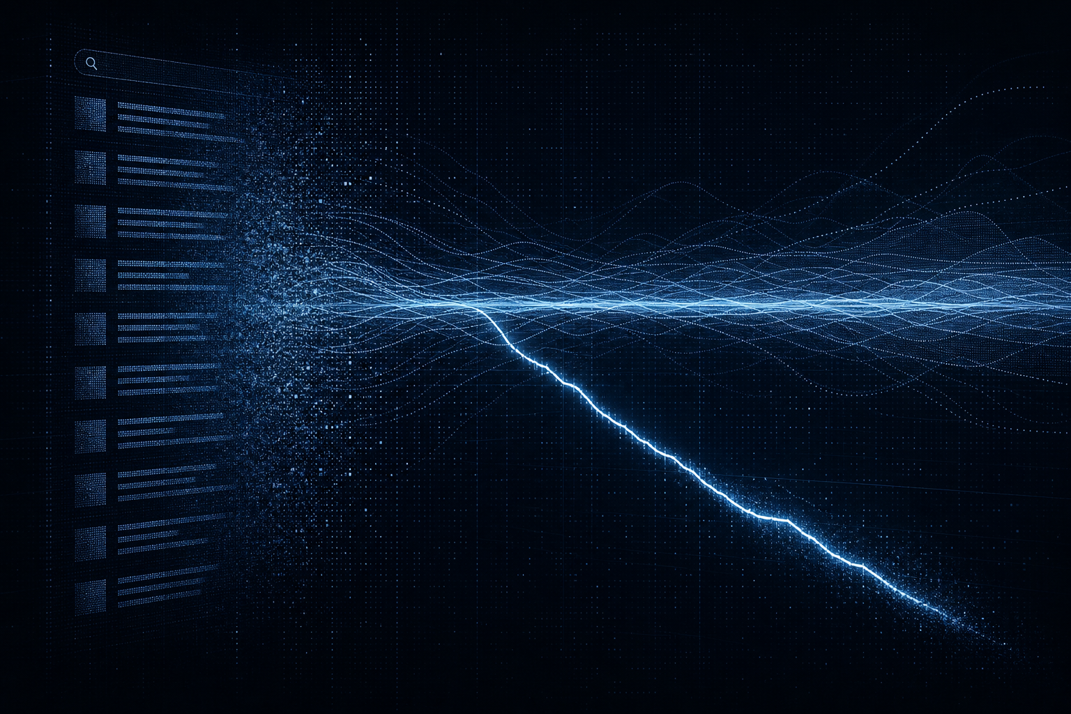 Abstract dark visualization of search data streams, with one glowing click-through curve diverging downward from a stable ranking line