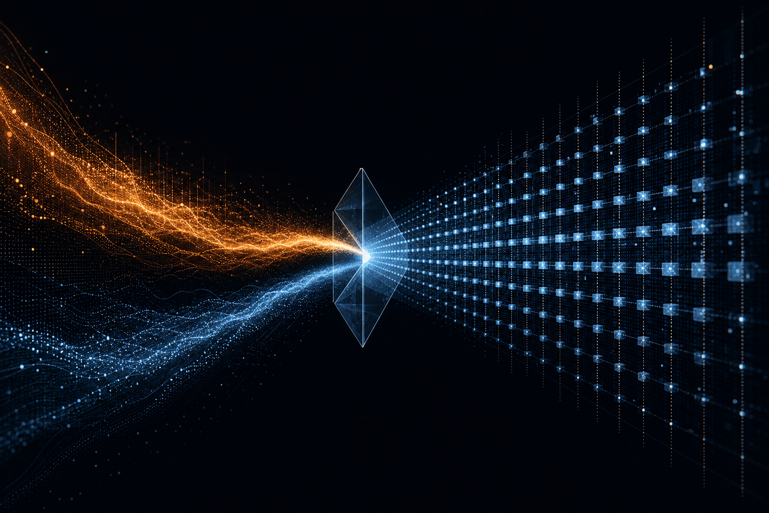 Two glowing data streams merging through a prism node into one structured lattice, illustrating first-party and third-party intent data blending into scored records