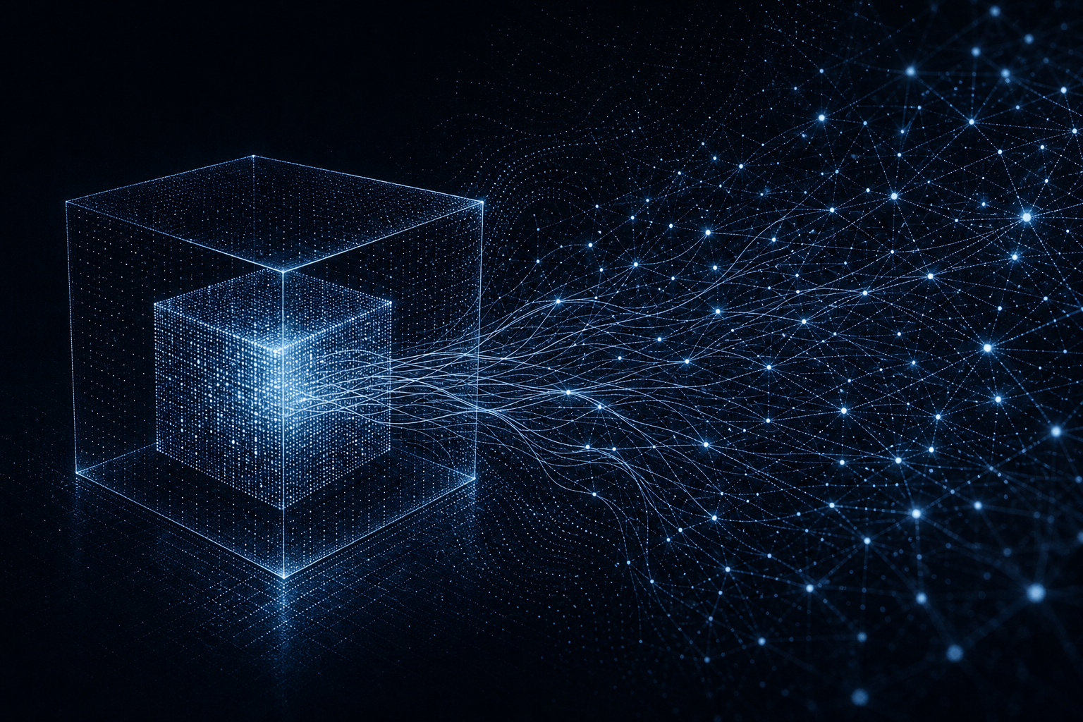 Abstract visualization of a contained data cube with luminous threads extending beyond it into an external network of glowing nodes, representing agents working outside the warehouse