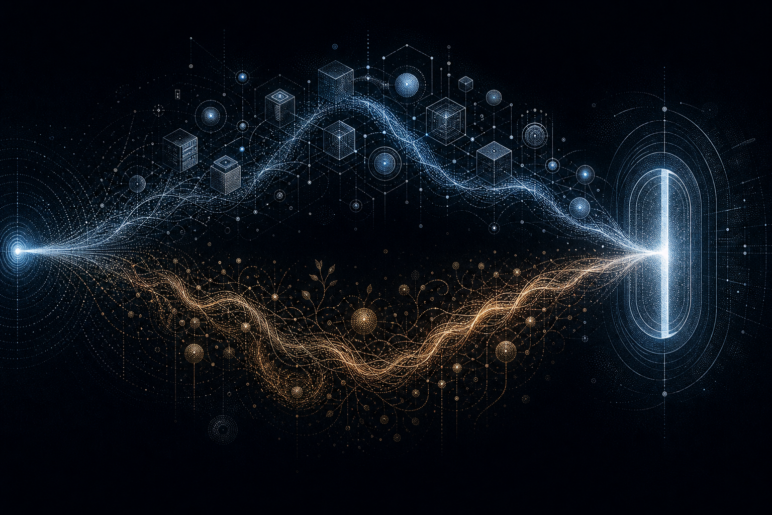 Abstract dark illustration of a glowing network graph dividing into a machine-driven stream and a human stream that meet at a single approval gate