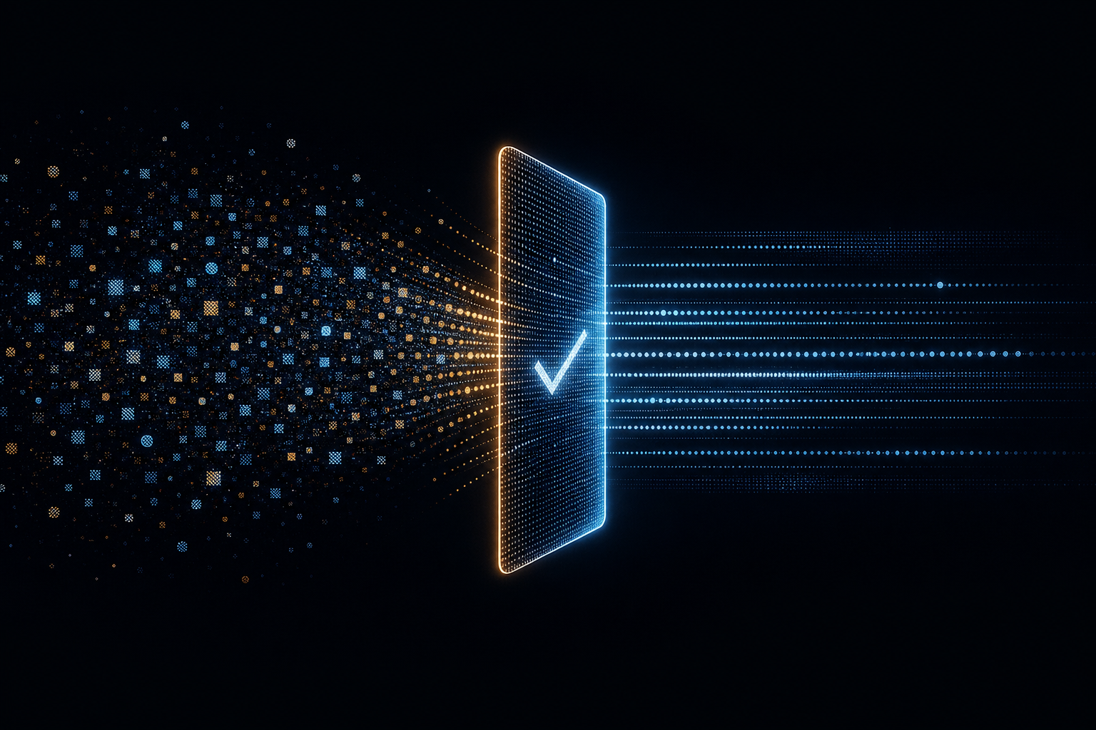 Abstract visualization of scattered contact data points passing through a verification layer and emerging as an ordered stream of verified records