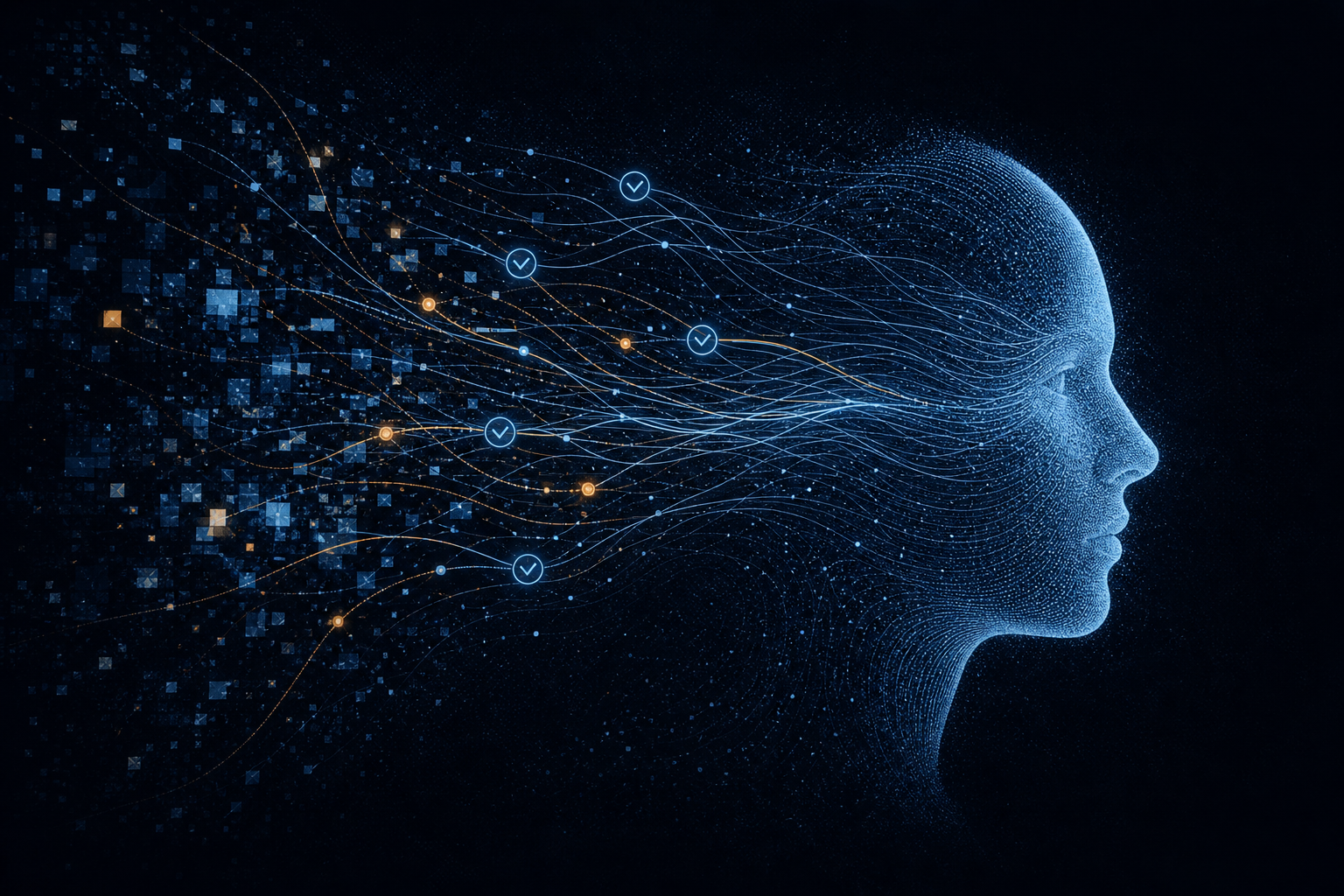 Abstract visualization of scattered data fragments converging through verification checkpoints into a single unified person profile