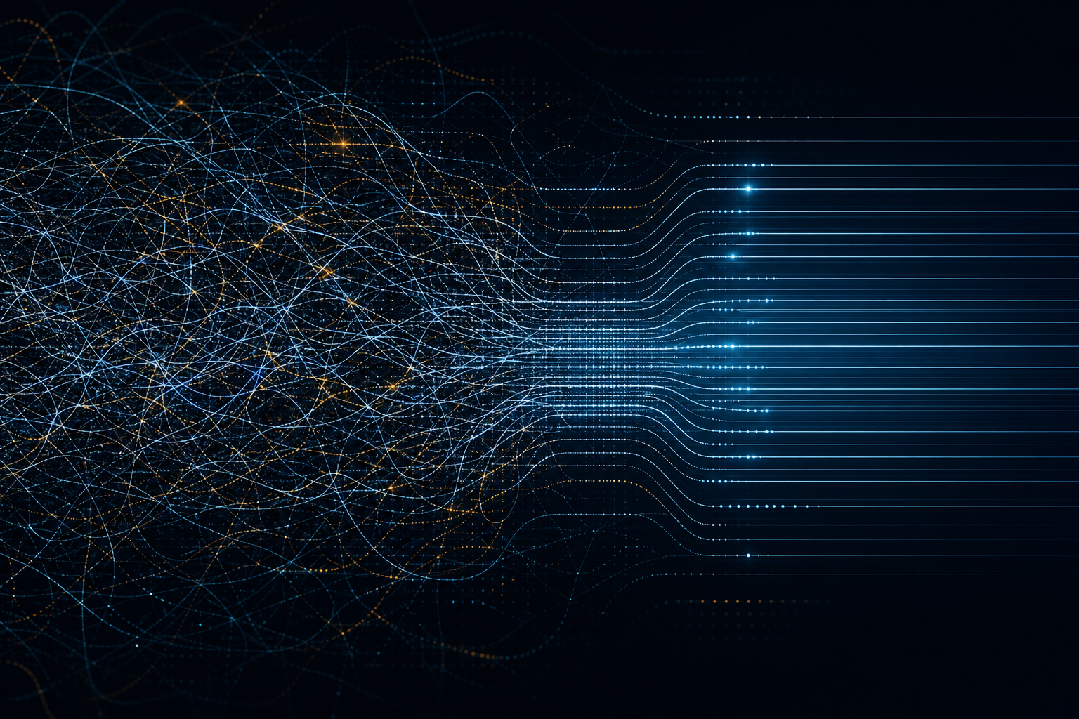 Abstract visualization of tangled data threads resolving into clean structured data lanes, representing scraped data versus a verified company data API