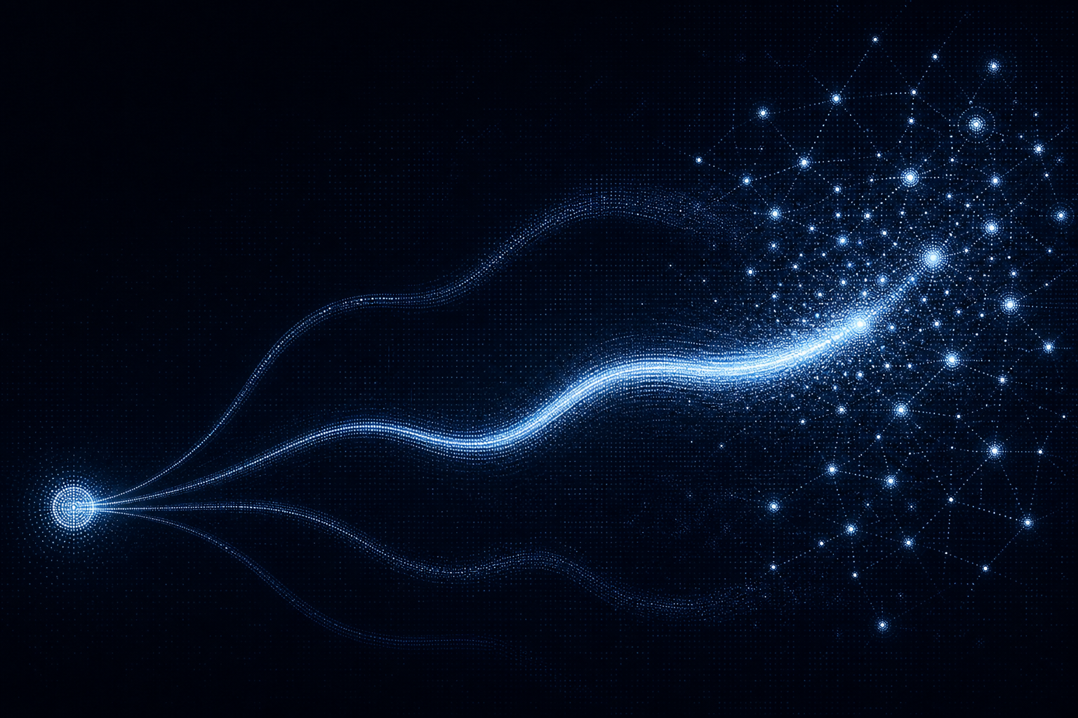 Abstract dark illustration of one glowing node branching into four light paths, one brighter than the rest, representing the multiple meanings of the GEO acronym
