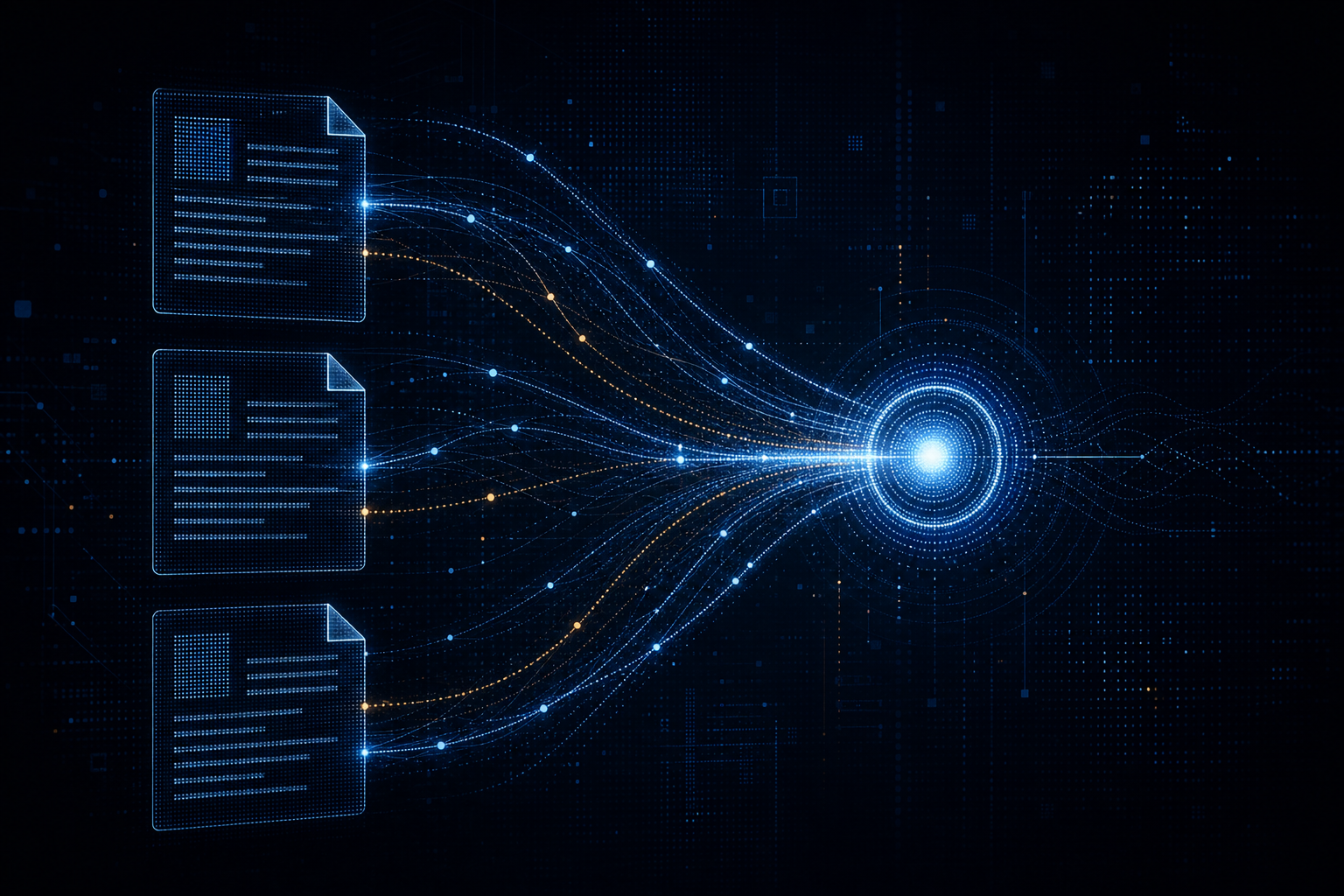 Abstract dark illustration of three glowing page panels feeding light threads into a single bright answer node, representing SaaS pages becoming AI citations