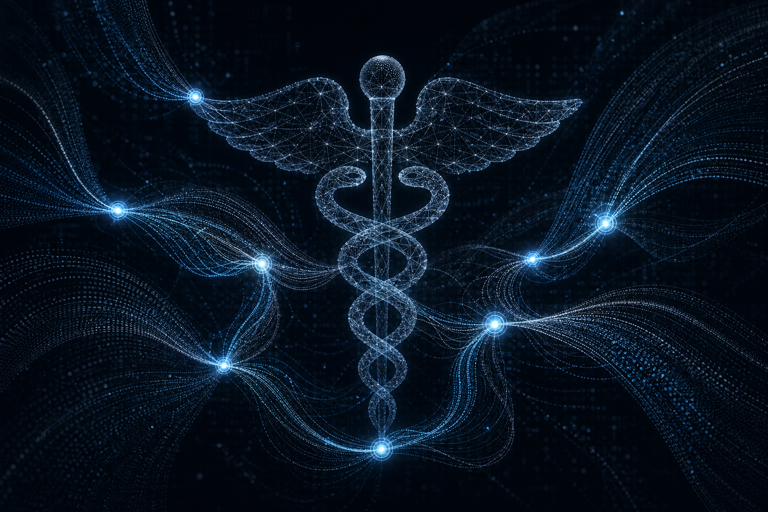 Abstract dark illustration of glowing data threads passing through checkpoint nodes within a lattice suggesting a medical caduceus, representing approval-gated AI agents in healthcare marketing
