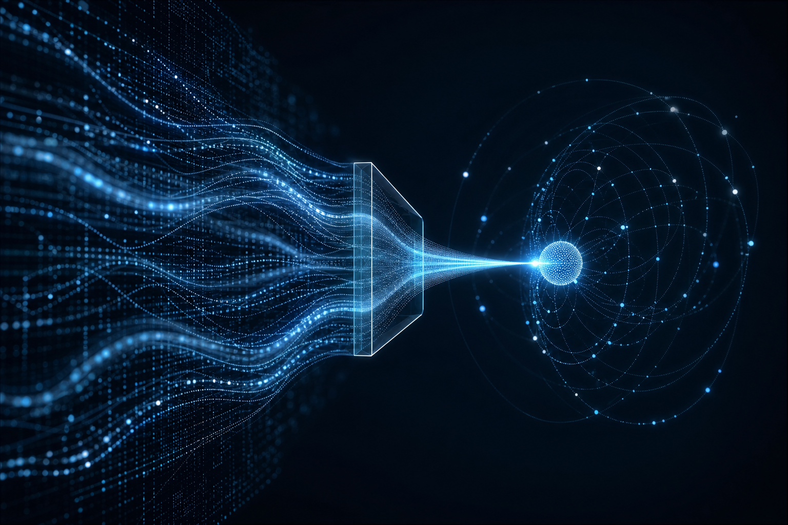 Abstract visualization of data streams converging through a gate into a single scored record, representing AI lead scoring with verified inputs and real-time signals