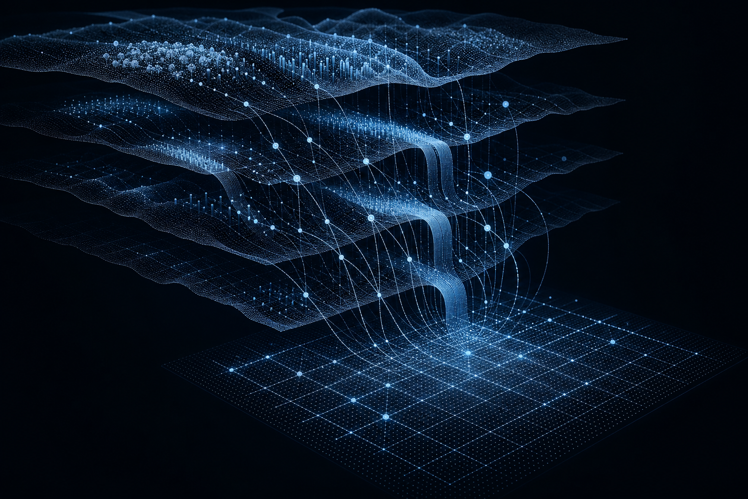 Abstract illustration of layered data streams cascading and converging into a single verified structured grid, representing a company enrichment API as data infrastructure