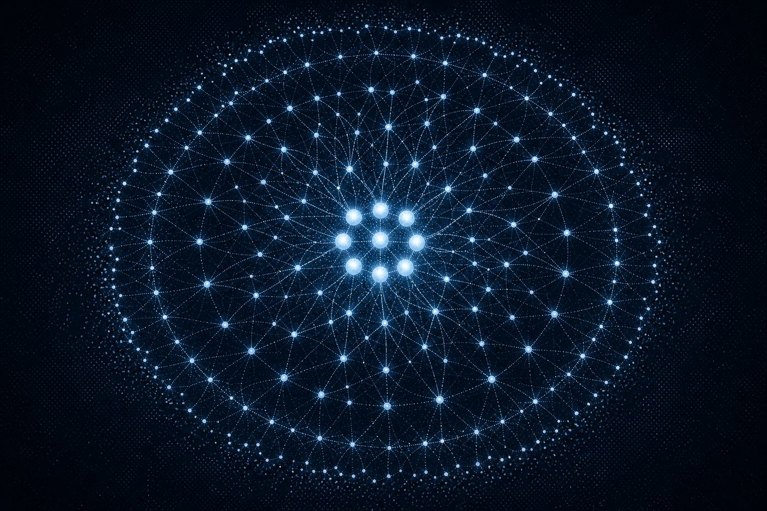 Abstract dark network visualization showing a small cluster of bright nodes extending glowing threads to three expanding rings of connected points, representing a small agency team scaling its client capacity with AI agents
