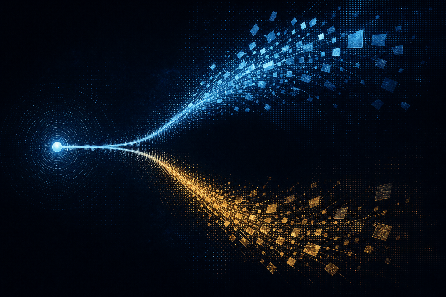 Abstract visualization of one query diverging into two separate streams of glowing citation nodes with no overlap, representing different AI engines citing different sources