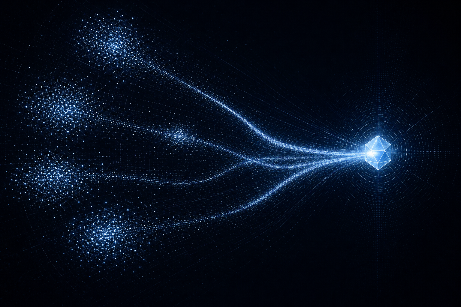 Abstract visualization of glowing vector point clusters converging along bright paths toward a single node on a dark background