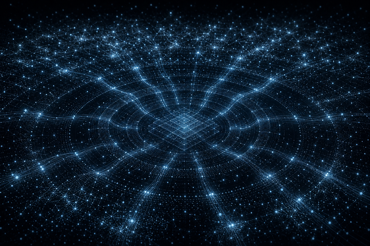 Abstract visualization of a market map: scattered glowing company nodes organizing into scored tiers with data streams flowing toward a central structured grid