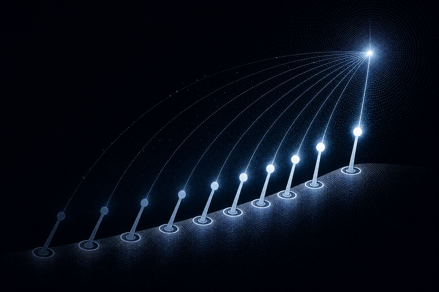 Abstract dark illustration of eight glowing levers rising in sequence, connected by light threads converging on a bright focal point, representing ranked tactics that improve citation share