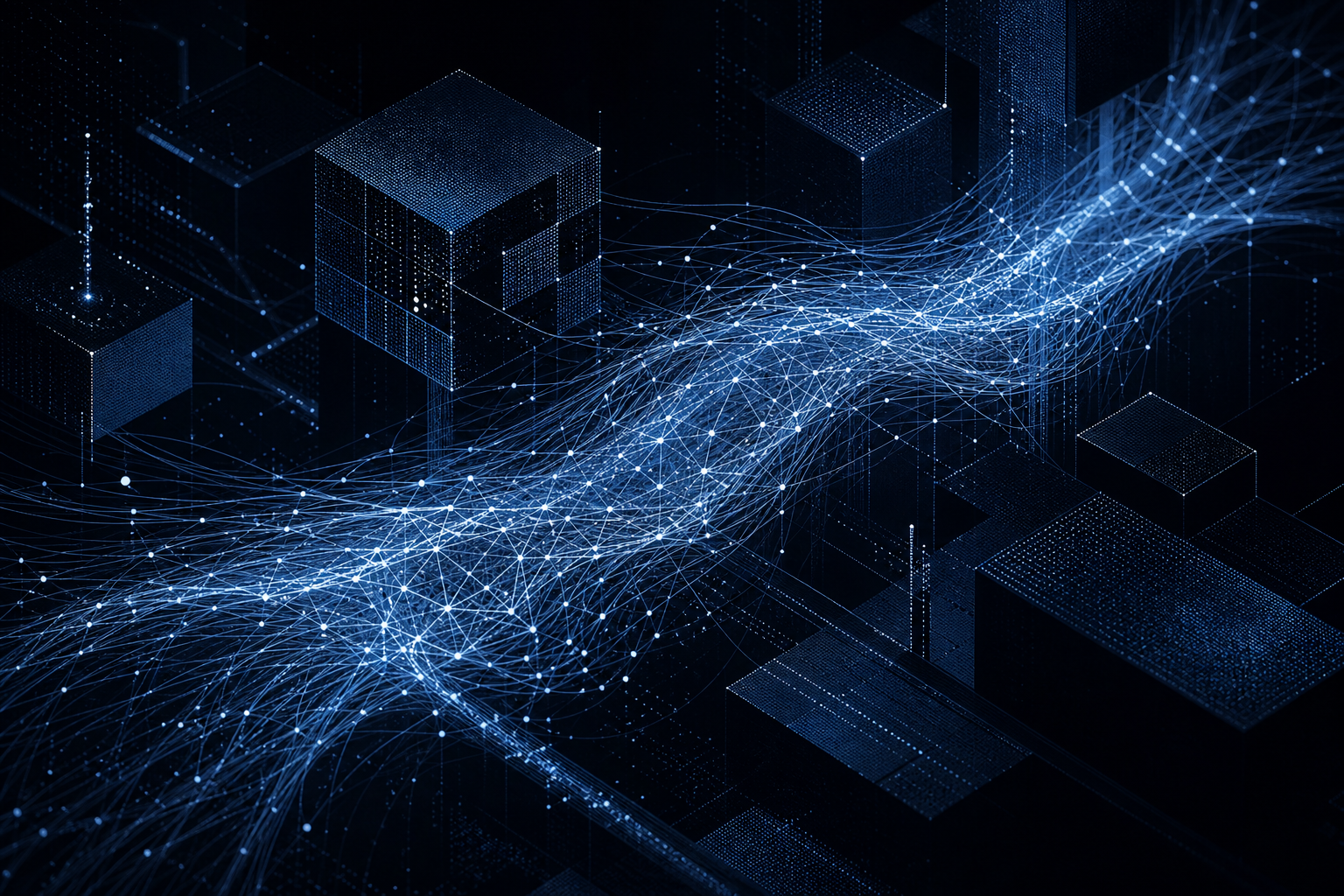 Abstract illustration of glowing data threads connecting system nodes through a dark architectural grid, representing an operational data layer linking autonomous agents to execution systems