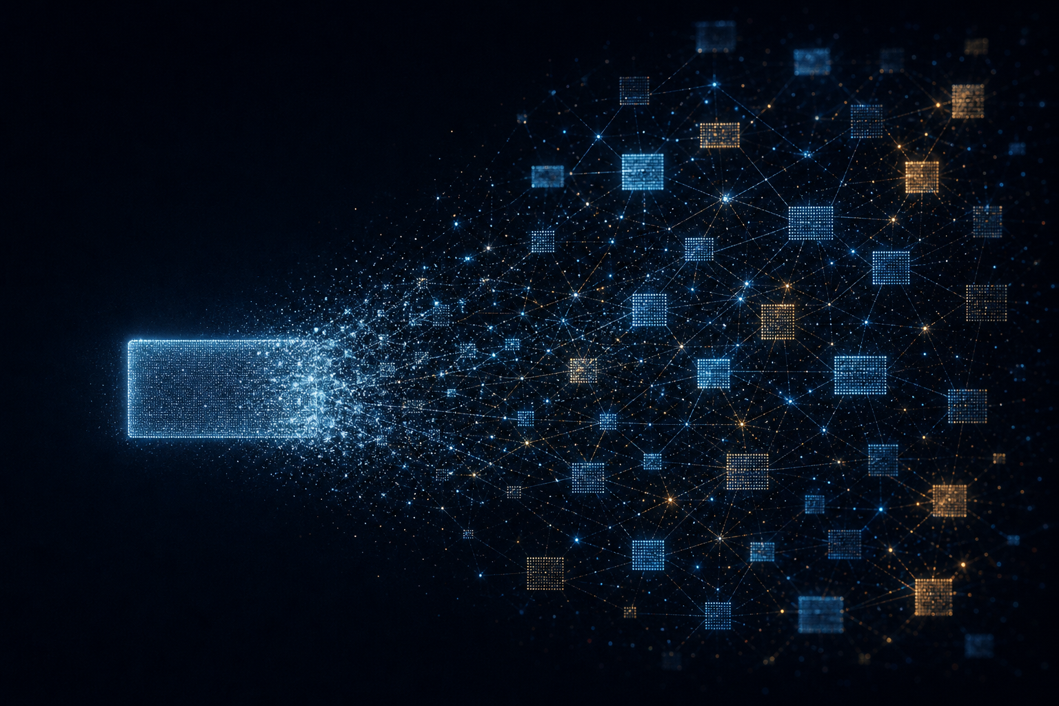 Abstract visualization of a single glowing box breaking apart into a network of connected light nodes, representing the shift from featured snippets to multi-source AI Overviews