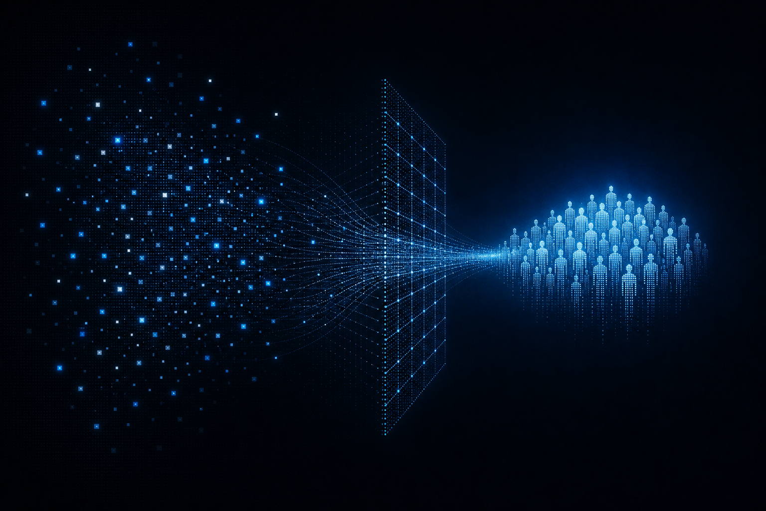 Abstract visualization of scattered data points being verified and converging into a sharp glowing audience cluster on a dark background