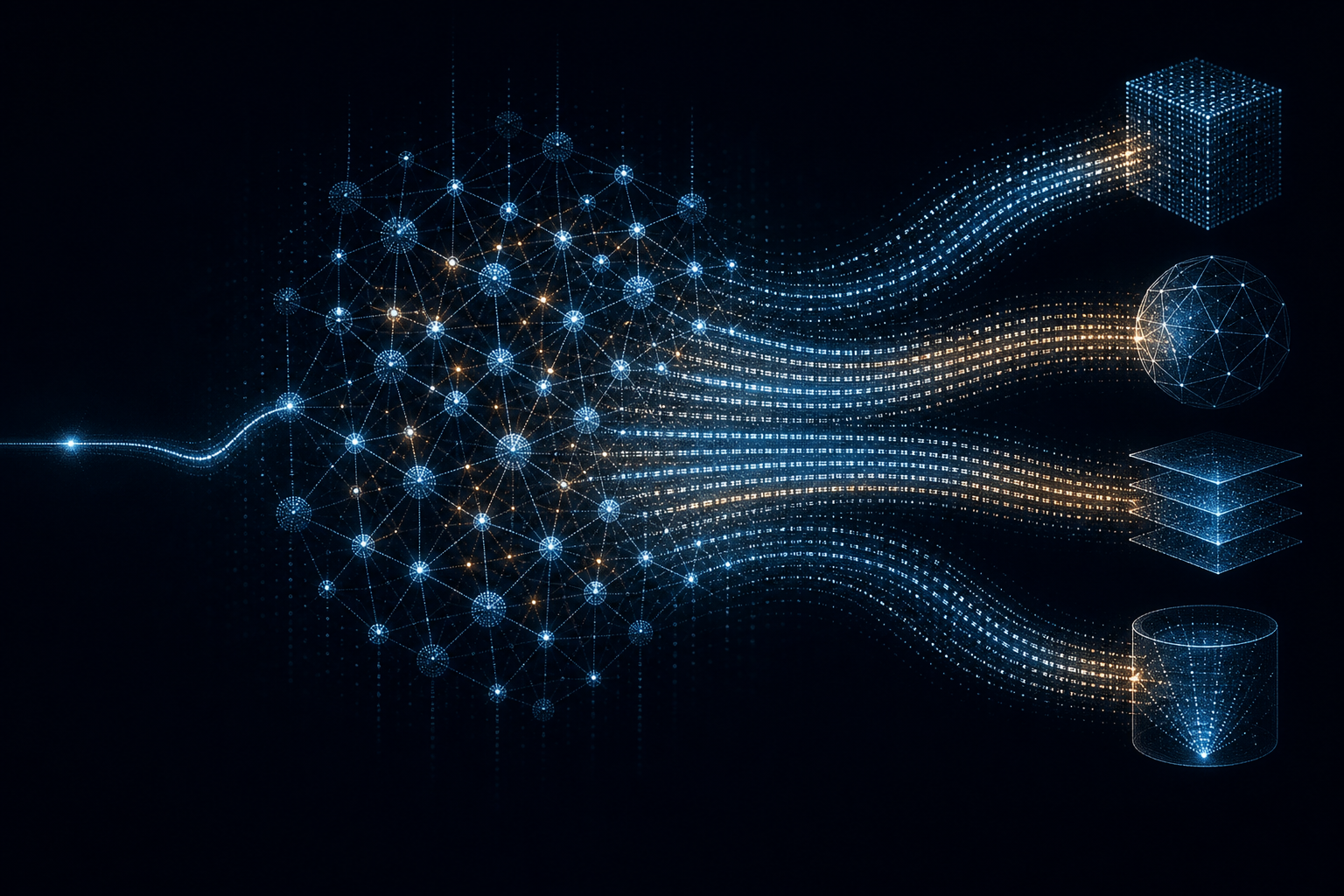 Abstract visualization of an objective flowing through a network of autonomous agent nodes and emerging as structured rows of data streaming into connected systems