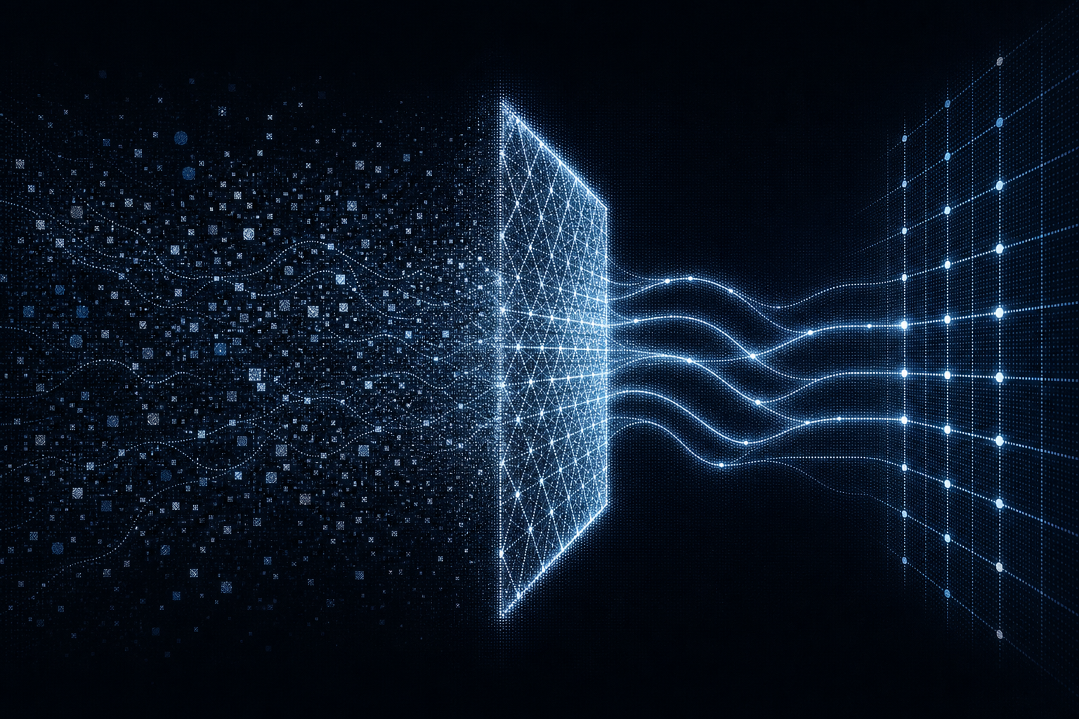 Abstract dark visualization of scattered data points being resolved through a glowing lattice into ordered signal streams flowing into a structured grid